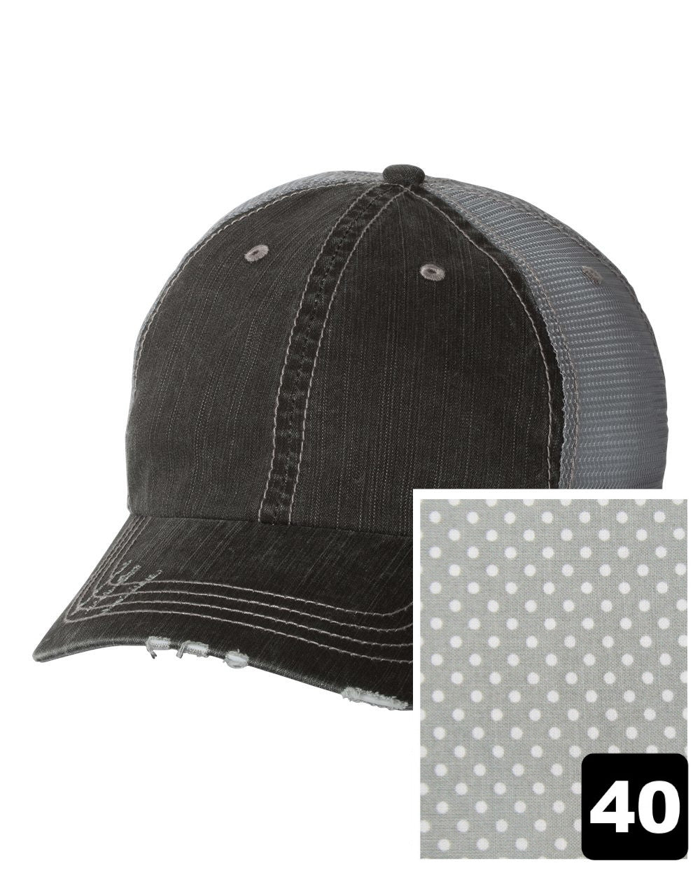 gray distressed trucker hat with coral and gray graphic fabric state of North Dakota