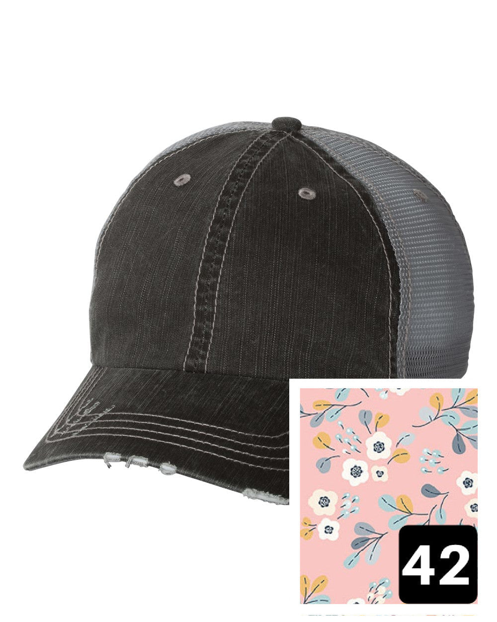 gray distressed trucker hat with light blue and pink mosaic fabric state of Maryland