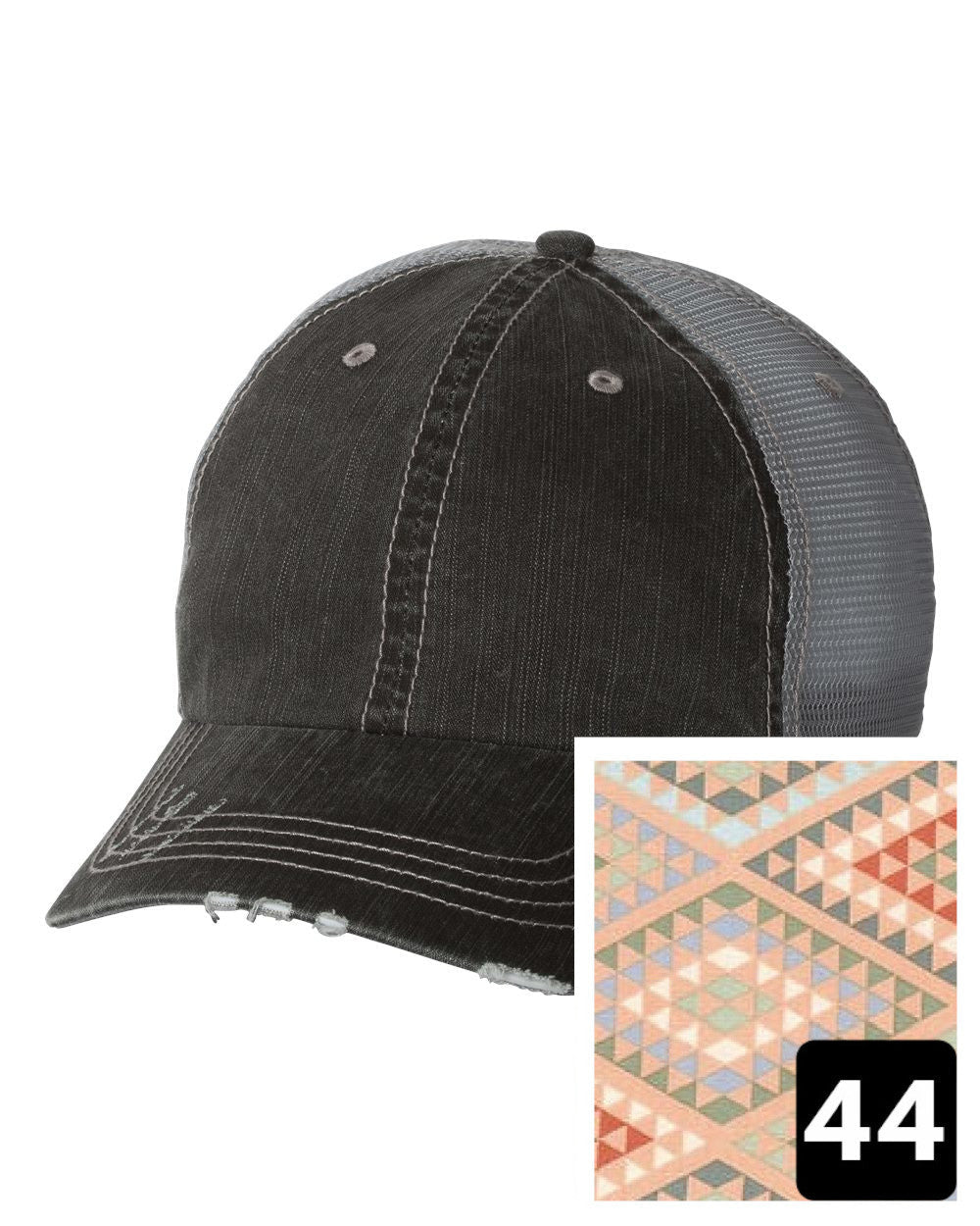 gray distressed trucker hat with navy coral and white chevron fabric state of New York