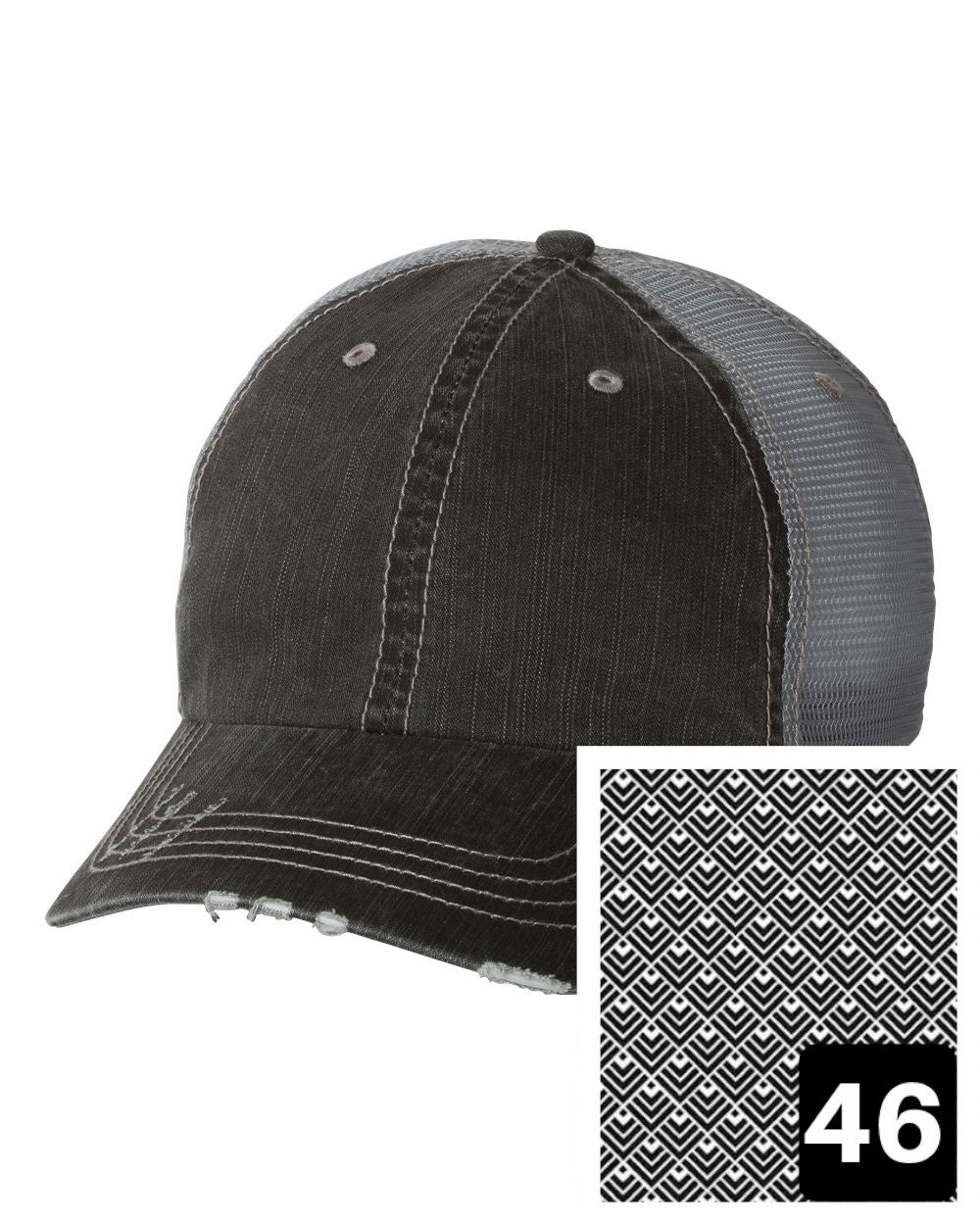 gray distressed trucker hat with multi-color floral on white fabric state of North Dakota