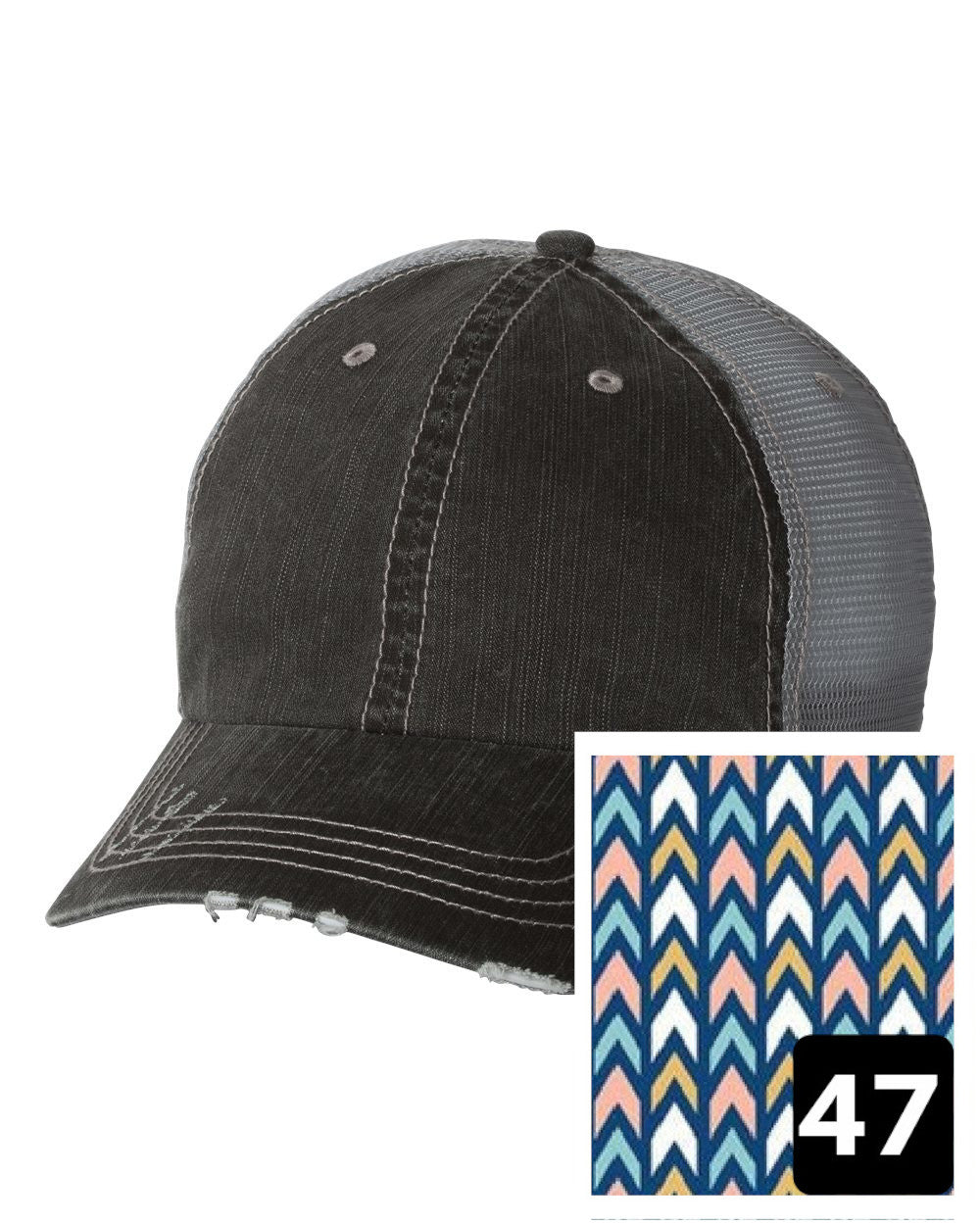 gray distressed trucker hat with pink trellis fabric state of North Dakota