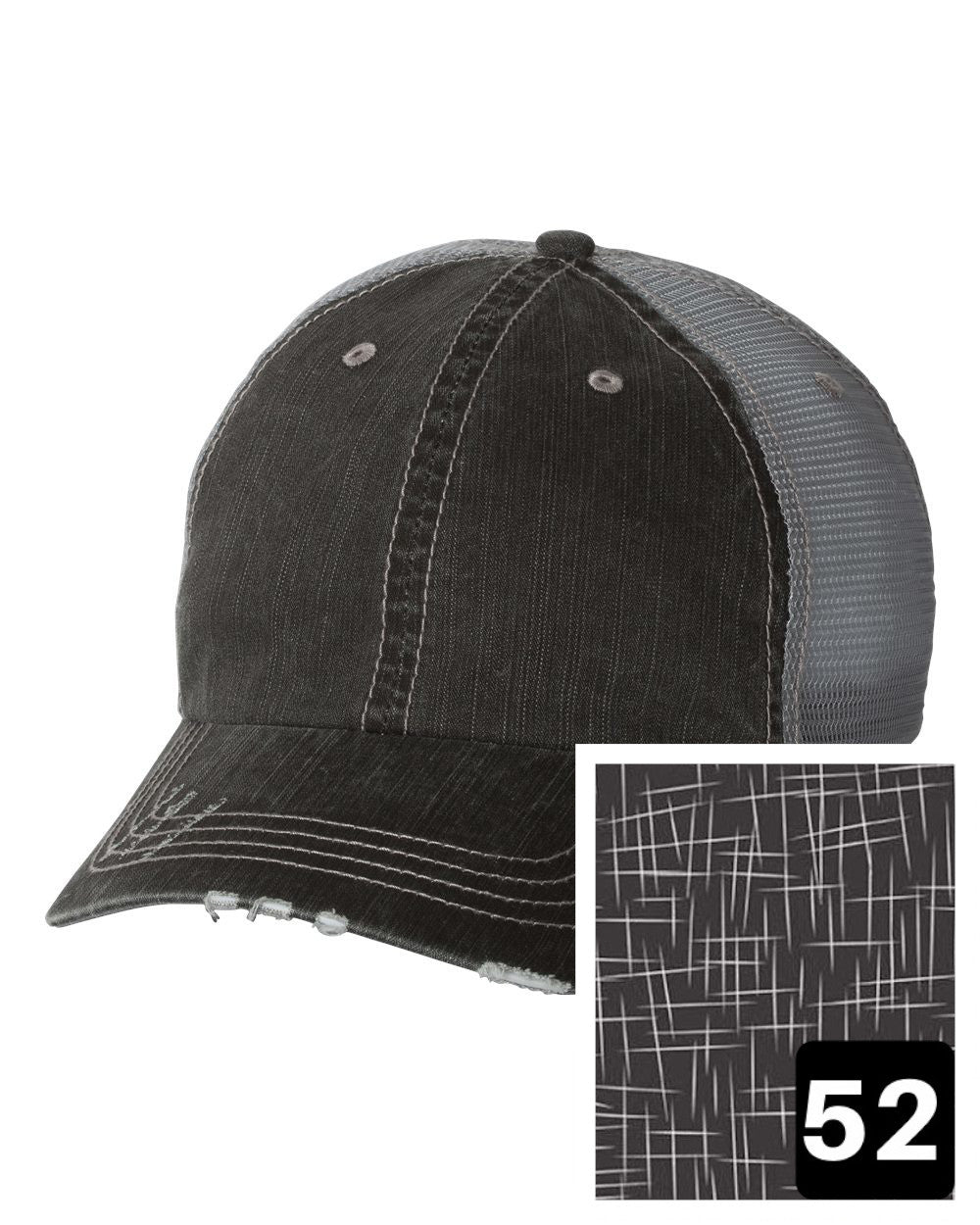 gray distressed trucker hat with pink and white floral on black fabric state of North Dakota
