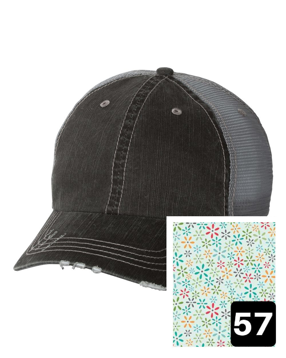 gray distressed trucker hat with white daisy on yellow fabric state of Vermont