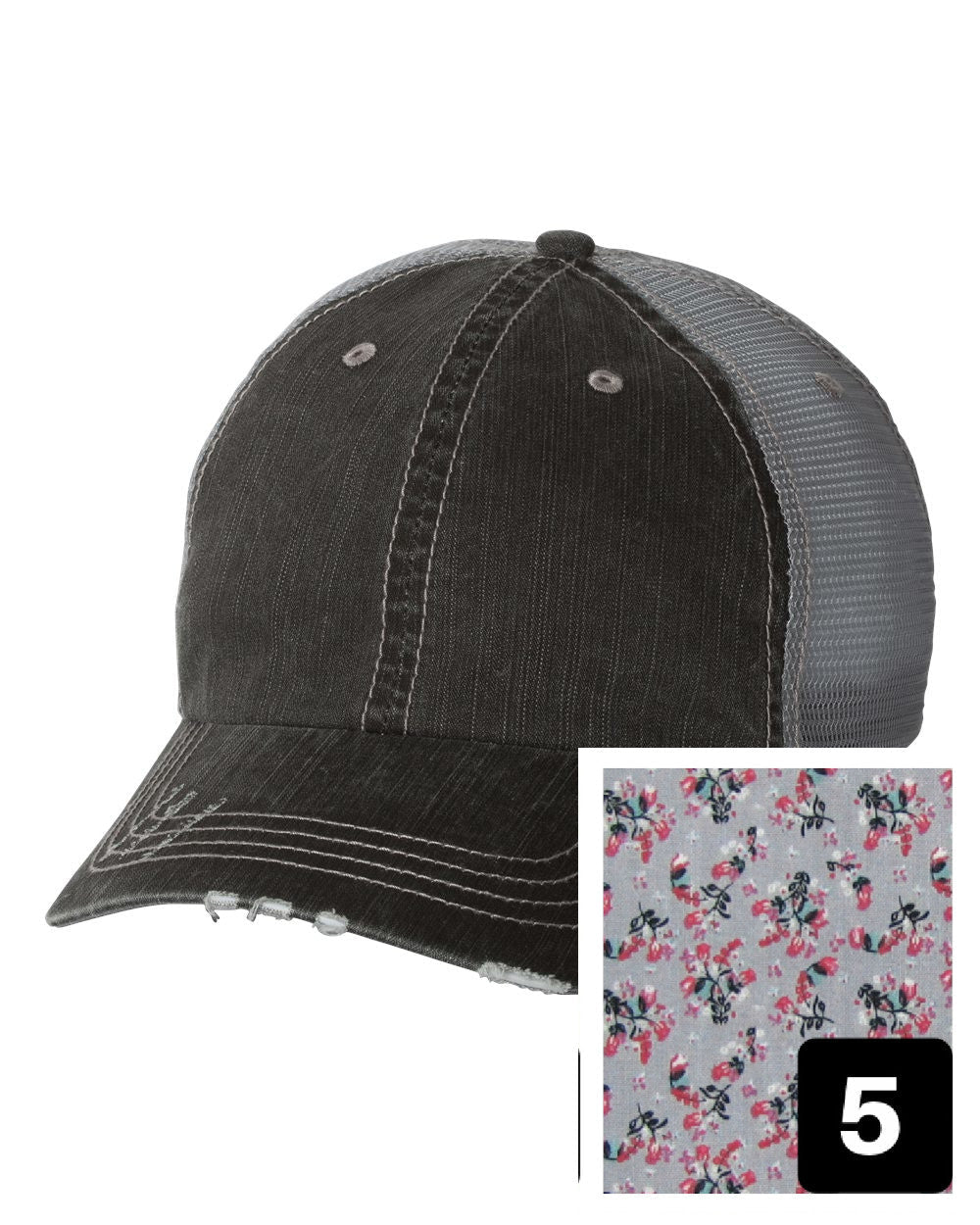 gray distressed trucker hat with purple and pink floral fabric state of Nevada