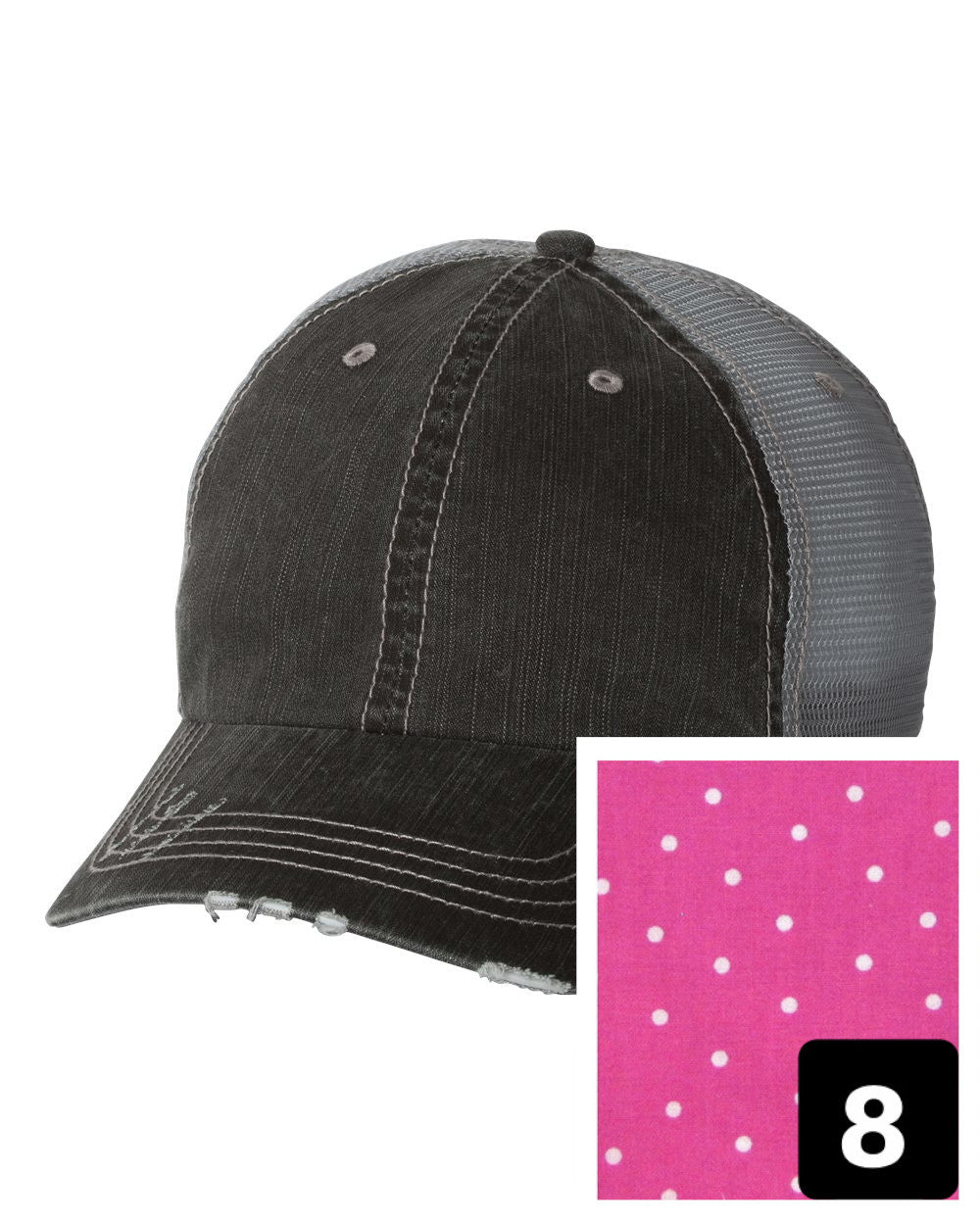 gray distressed trucker hat with mustard yellow floral fabric state of North Dakota