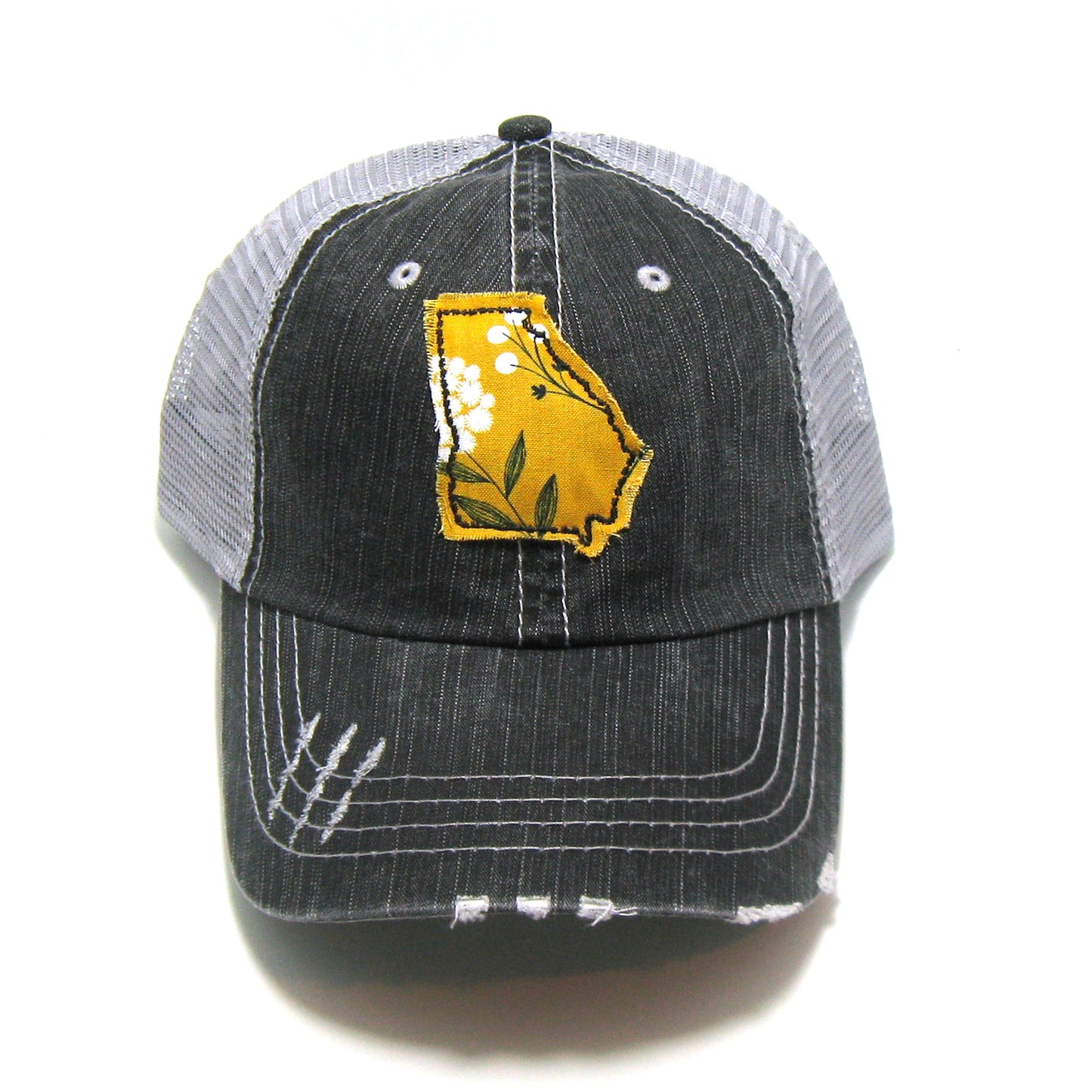 gray distressed trucker hat with gray floral fabric state of Georgia