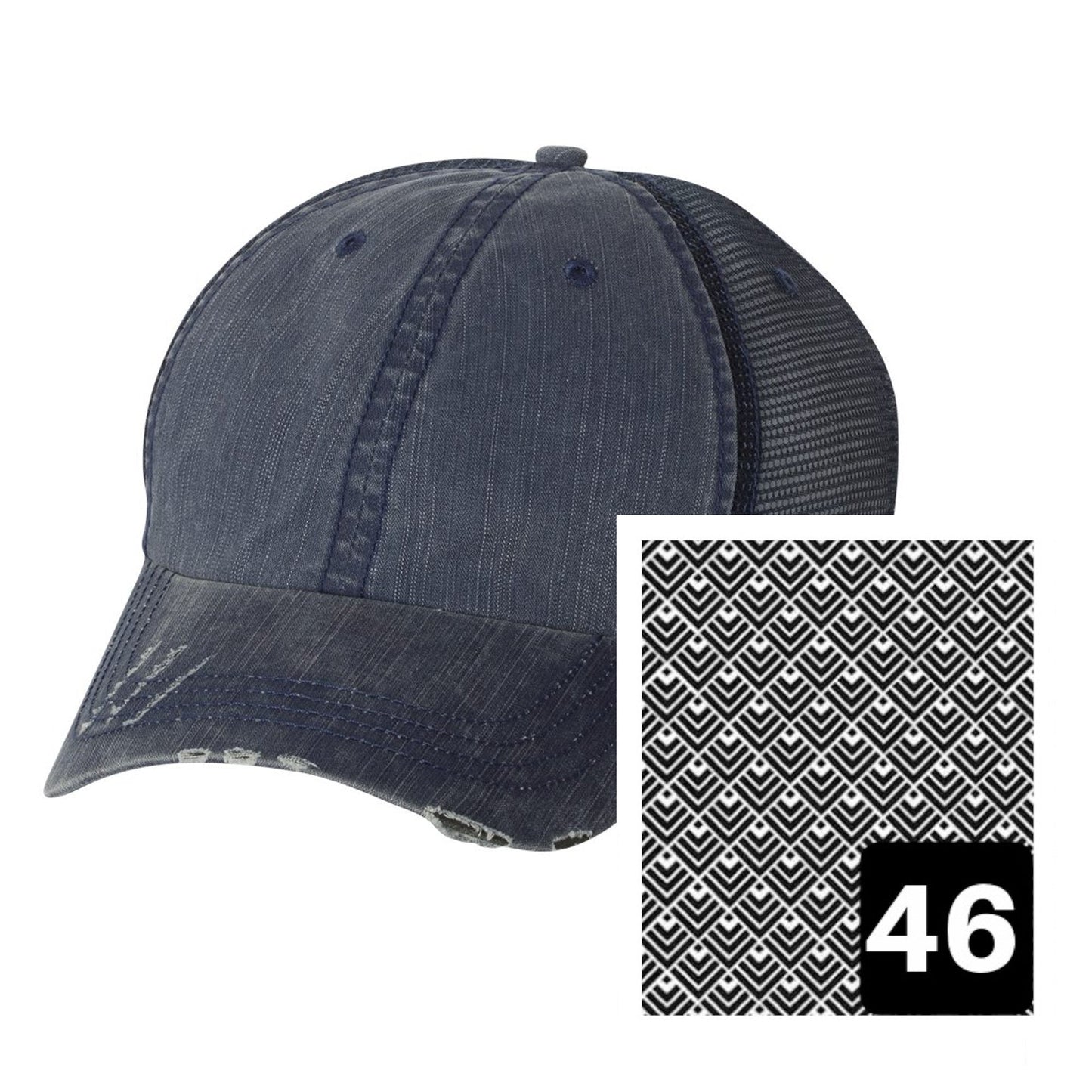 North Dakota Hat | Navy Distressed Trucker Cap | Many Fabric Choices