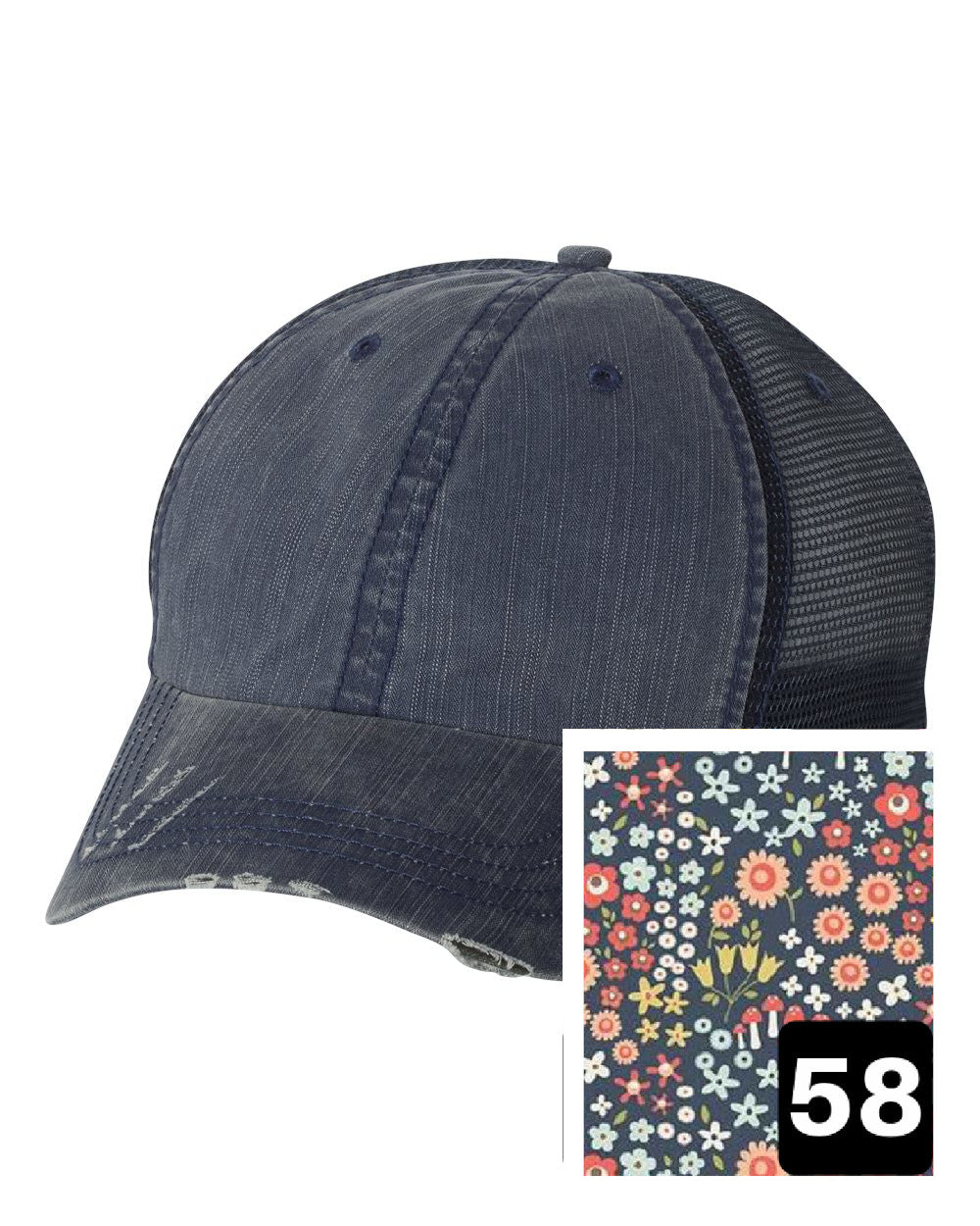 Florida Hat | Navy Distressed Trucker Cap | Many Fabric Choices
