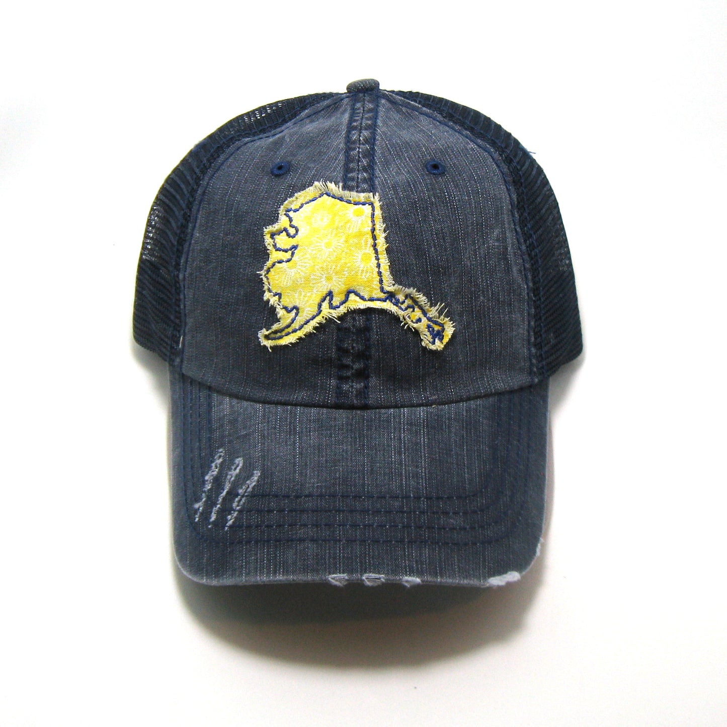 Alaska Hat | Navy Distressed Trucker Cap | Many Fabric Choices