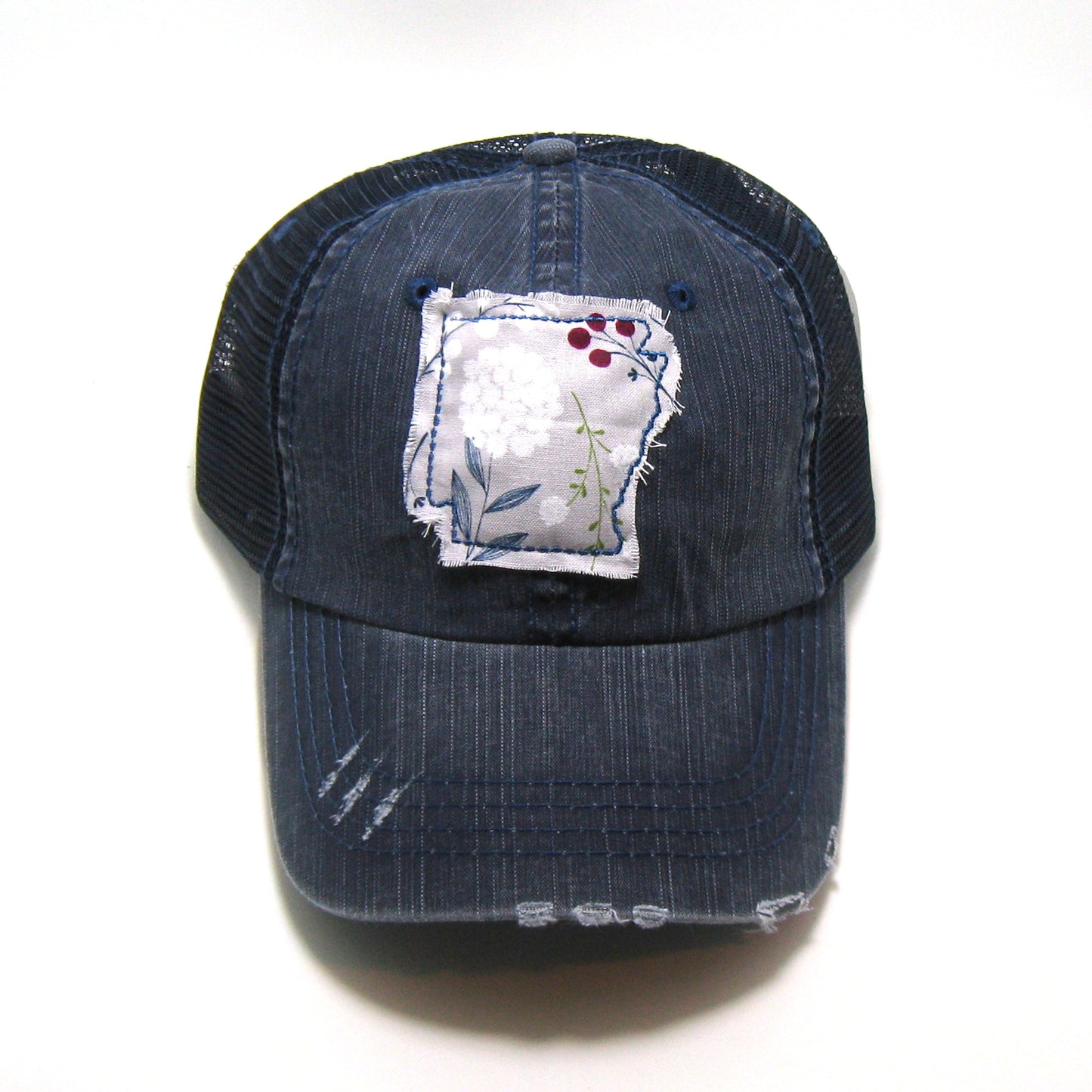 Arkansas Hat | Navy Distressed Trucker Cap | Many Fabric Choices