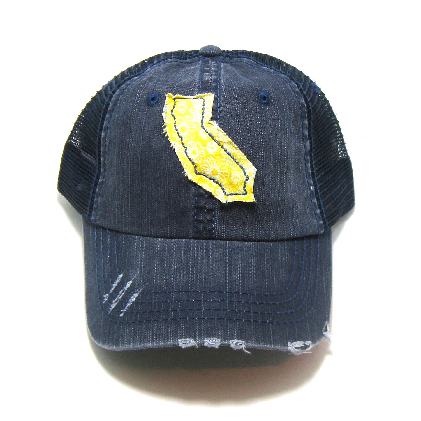 California Hat | Navy Distressed Trucker Cap | Many Fabric Choices