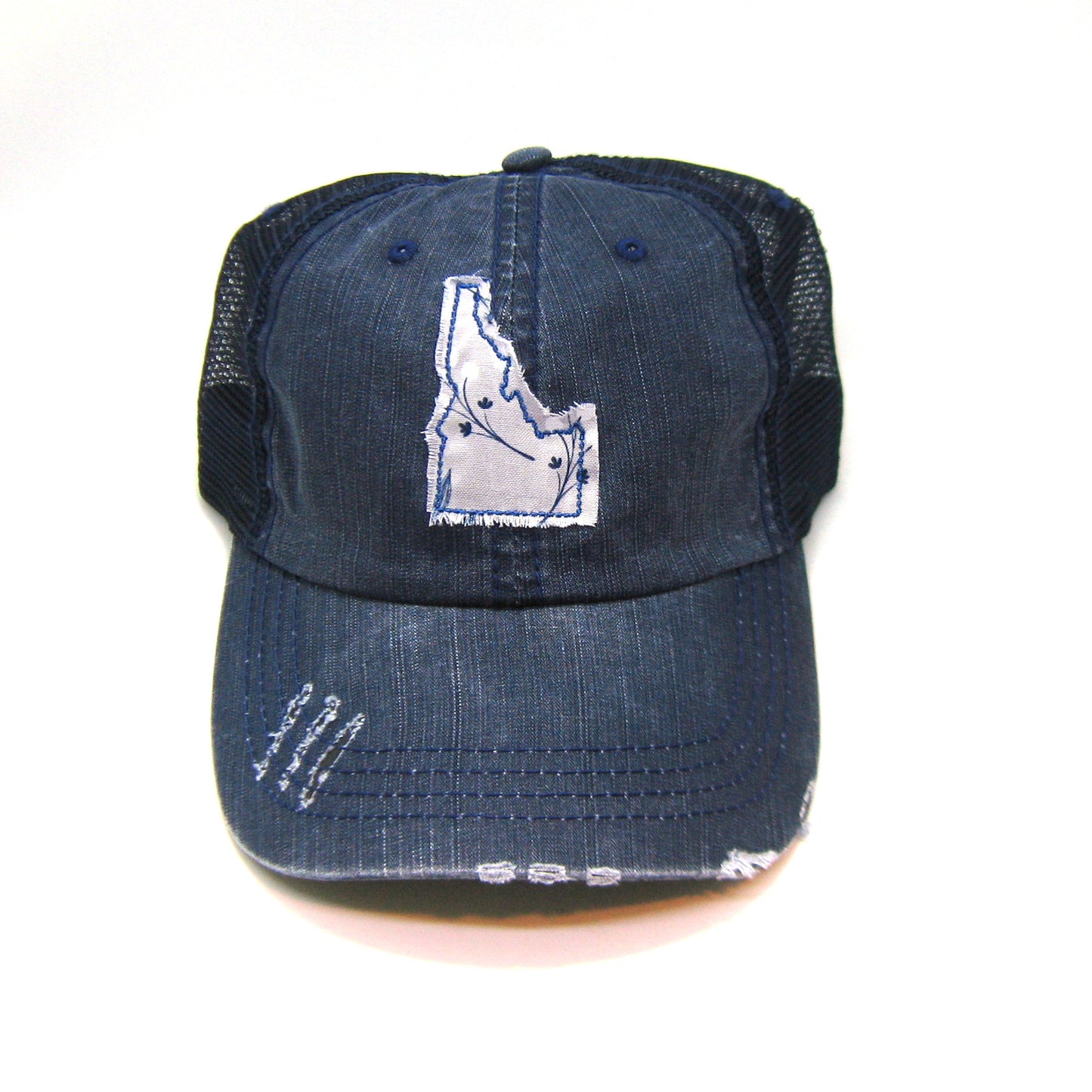 Idaho Hat | Navy Distressed Trucker Cap | Many Fabric Choices
