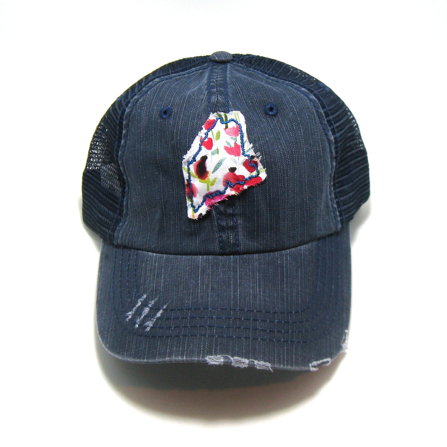 Maine Hat | Navy Distressed Trucker Cap | Many Fabric Choices