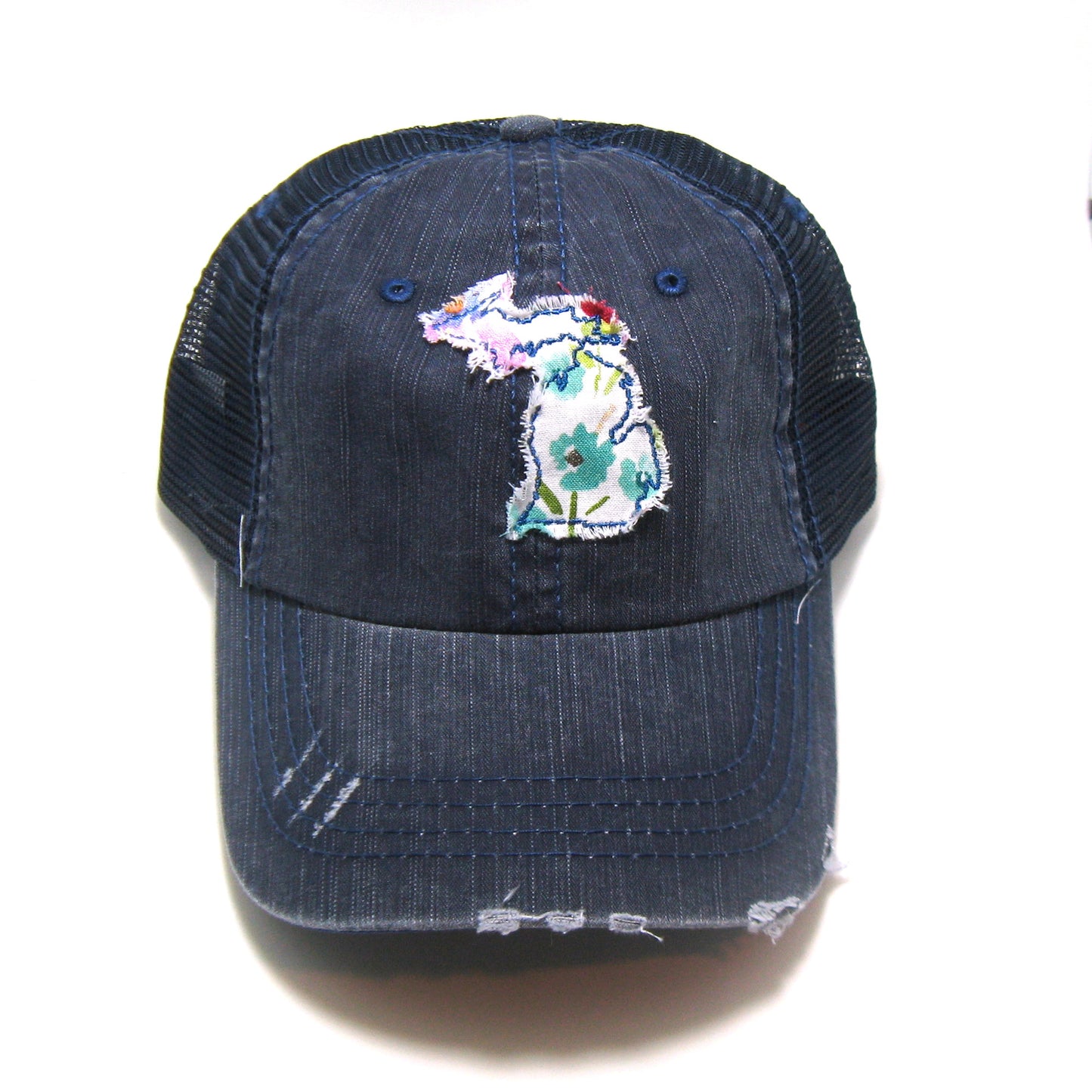 Michigan Hat | Navy Distressed Trucker Cap | Many Fabric Choices