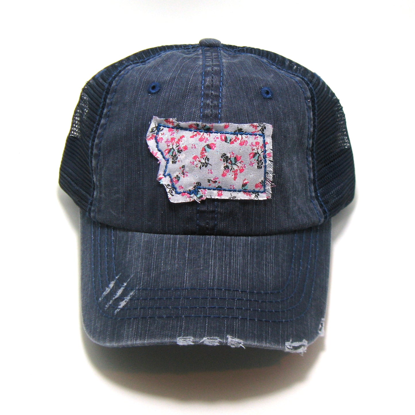 Montana Hat | Navy Distressed Trucker Cap | Many Fabric Choices