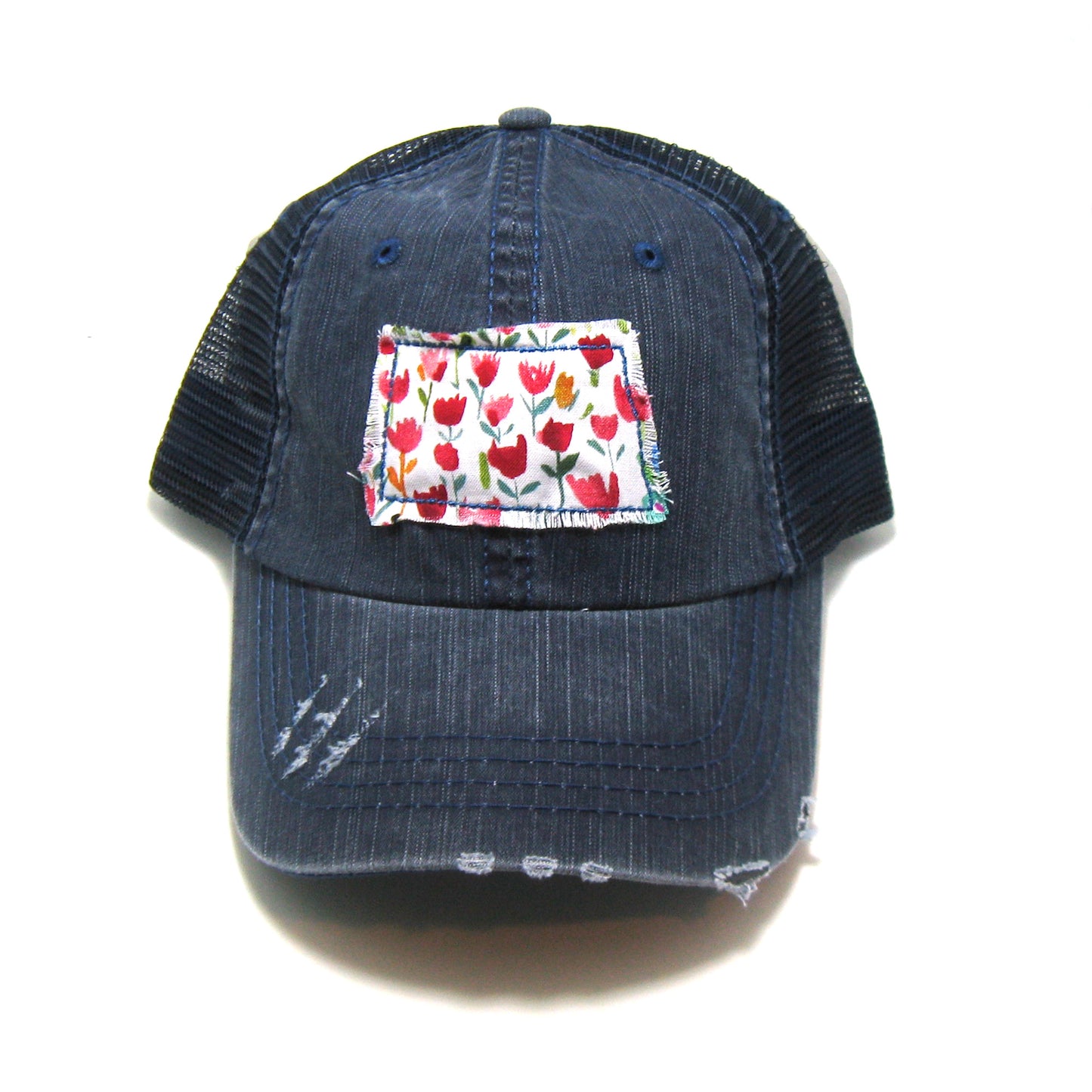 North Dakota Hat | Navy Distressed Trucker Cap | Many Fabric Choices