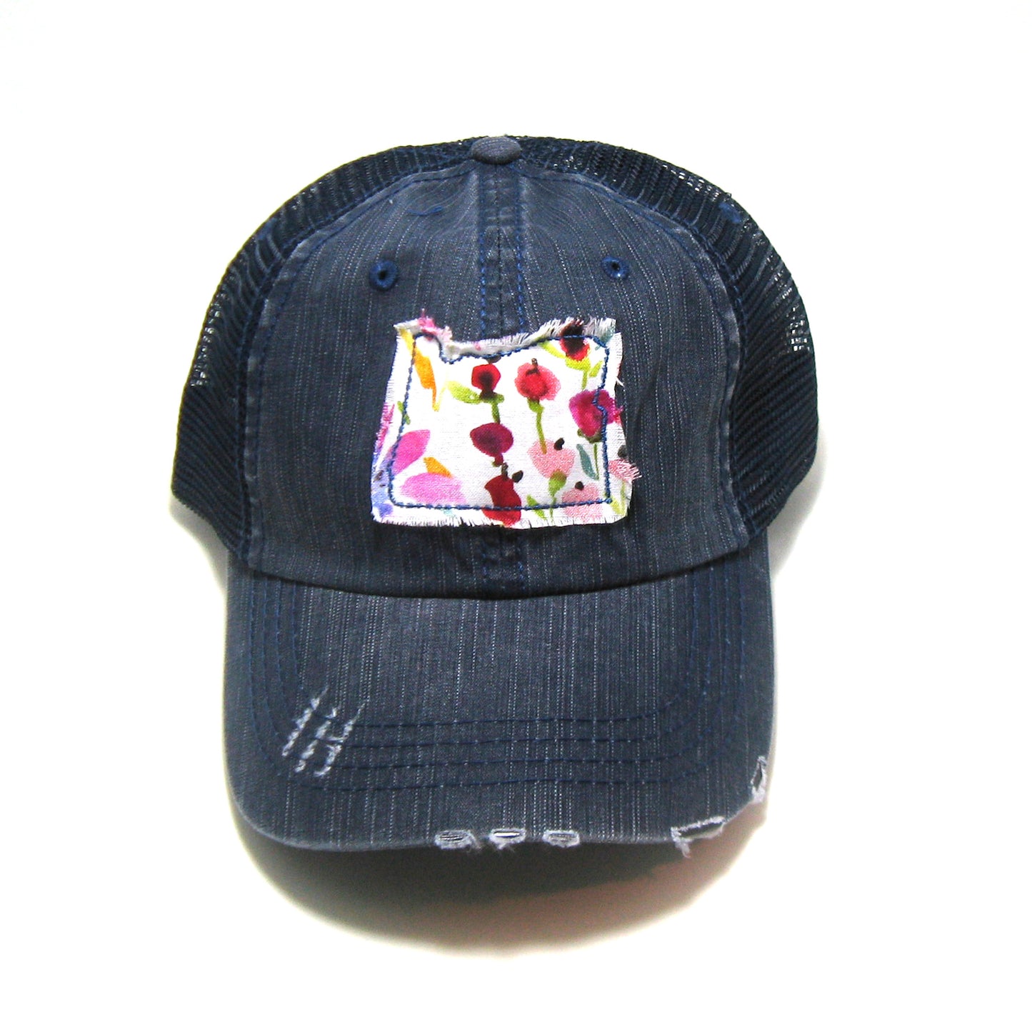 Oregon Hat | Navy Distressed Trucker Cap | Many Fabric Choices