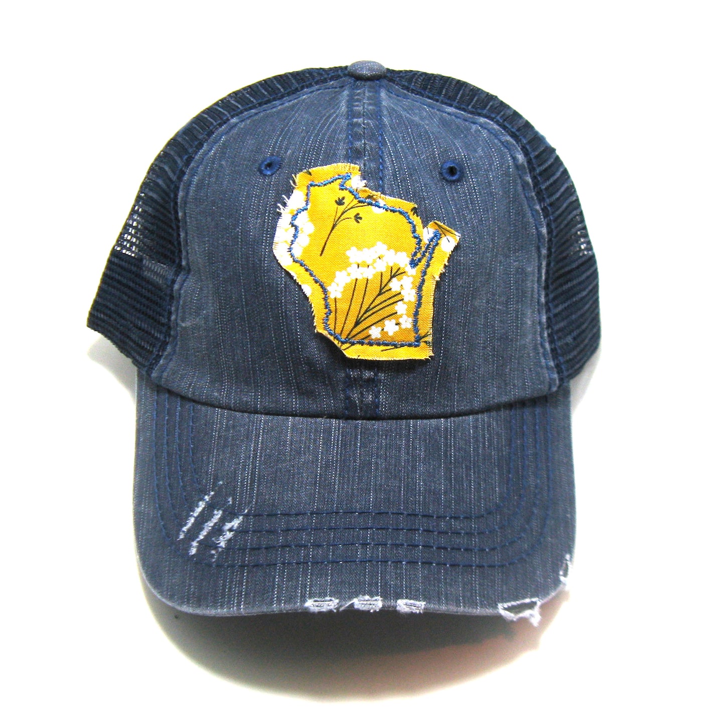 Wisconsin Hat | Navy Distressed Trucker Cap | Many Fabric Choices