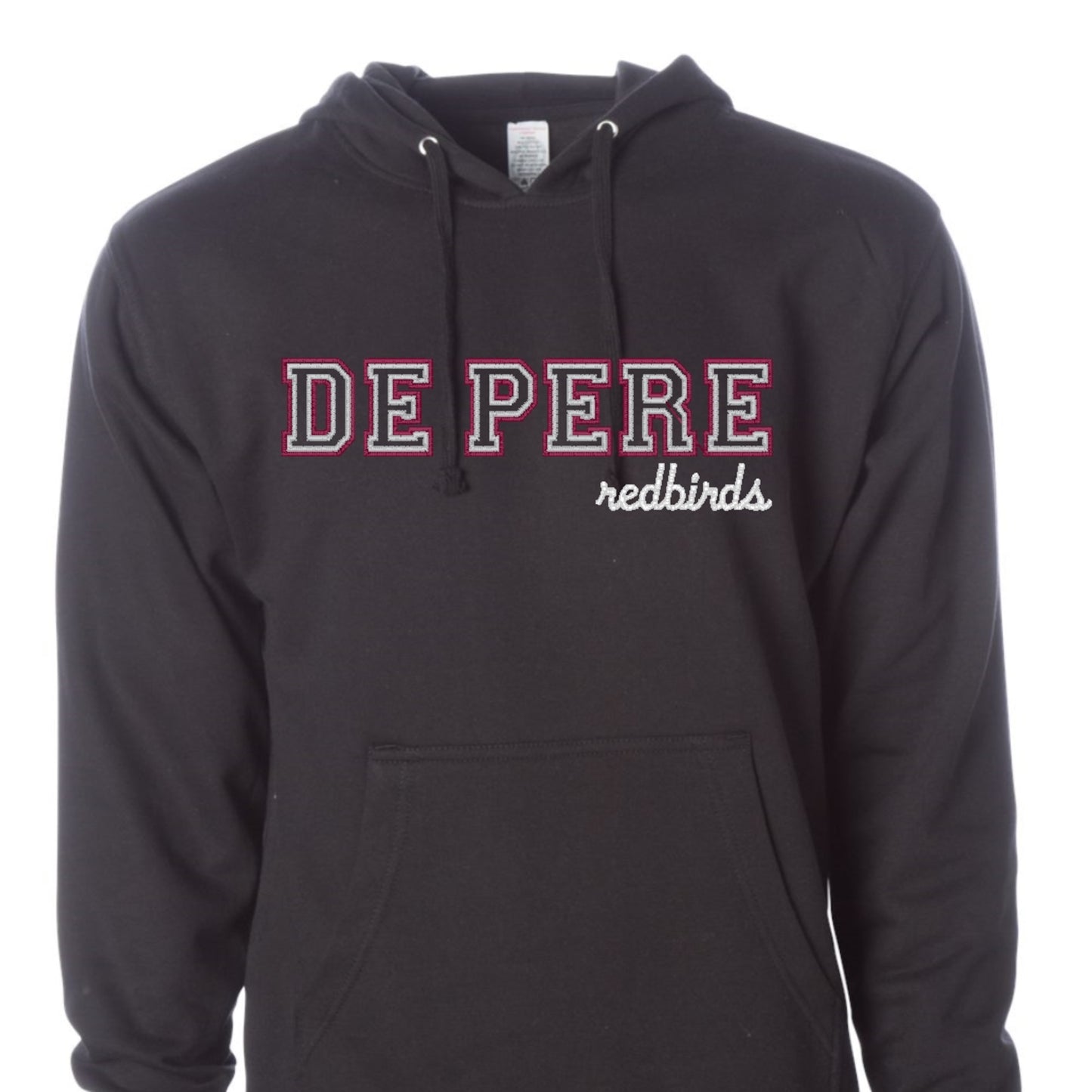 De Pere Redbirds Embroidered Black Crewneck or Hoodie Sweatshirt