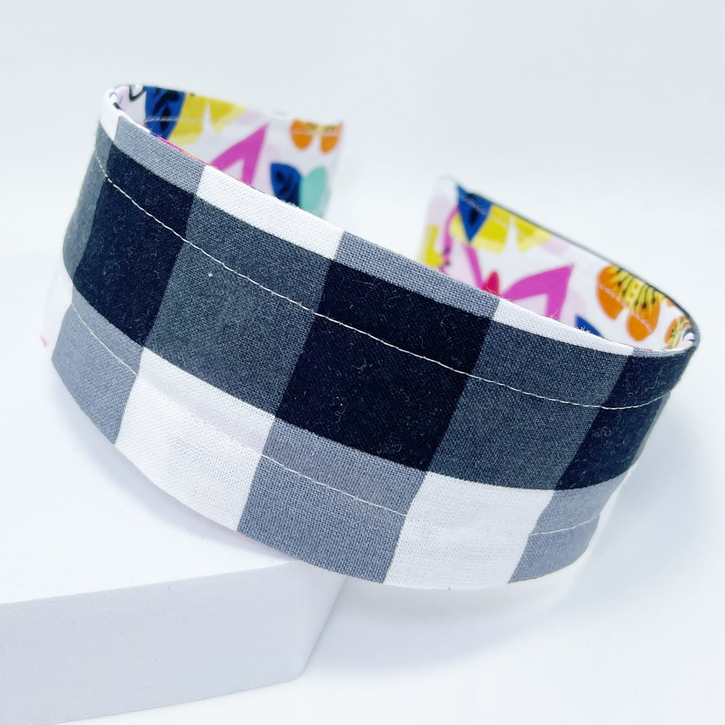 Comfortable Reversible Handmade Fabric Headband - Bright floral & Black Gingham