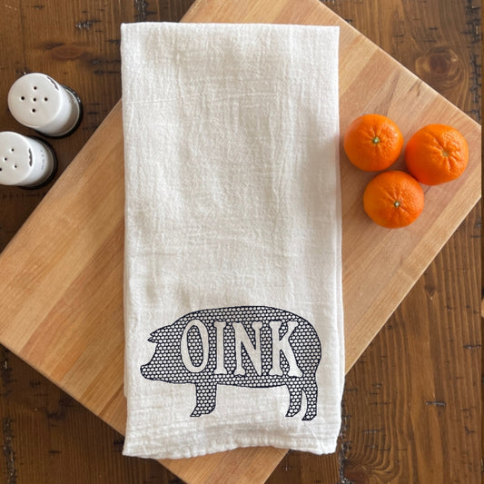 Oink Pig- Embroidered White Tea Towel - Farm Animals