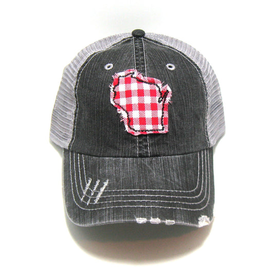 Gray Distressed Trucker Hat | Red Gingham State Hat | All states available