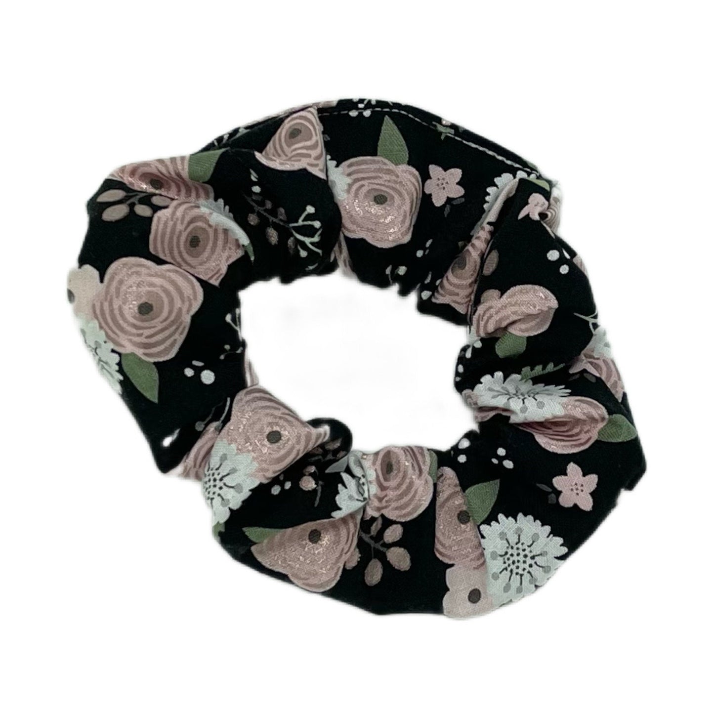 Hair Scrunchie | Black with Pink Shimmery Floral