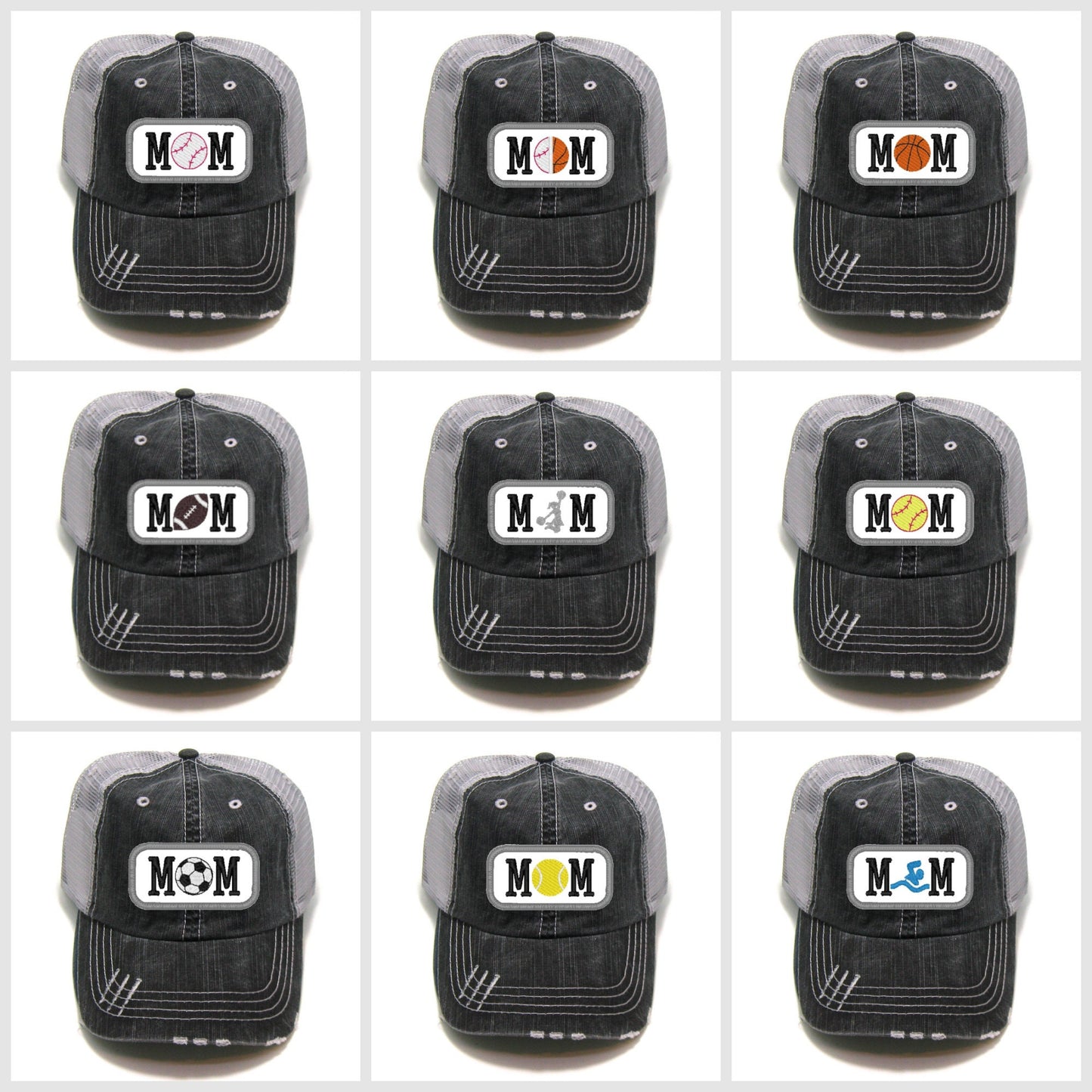 collage of sports/activity mom hats