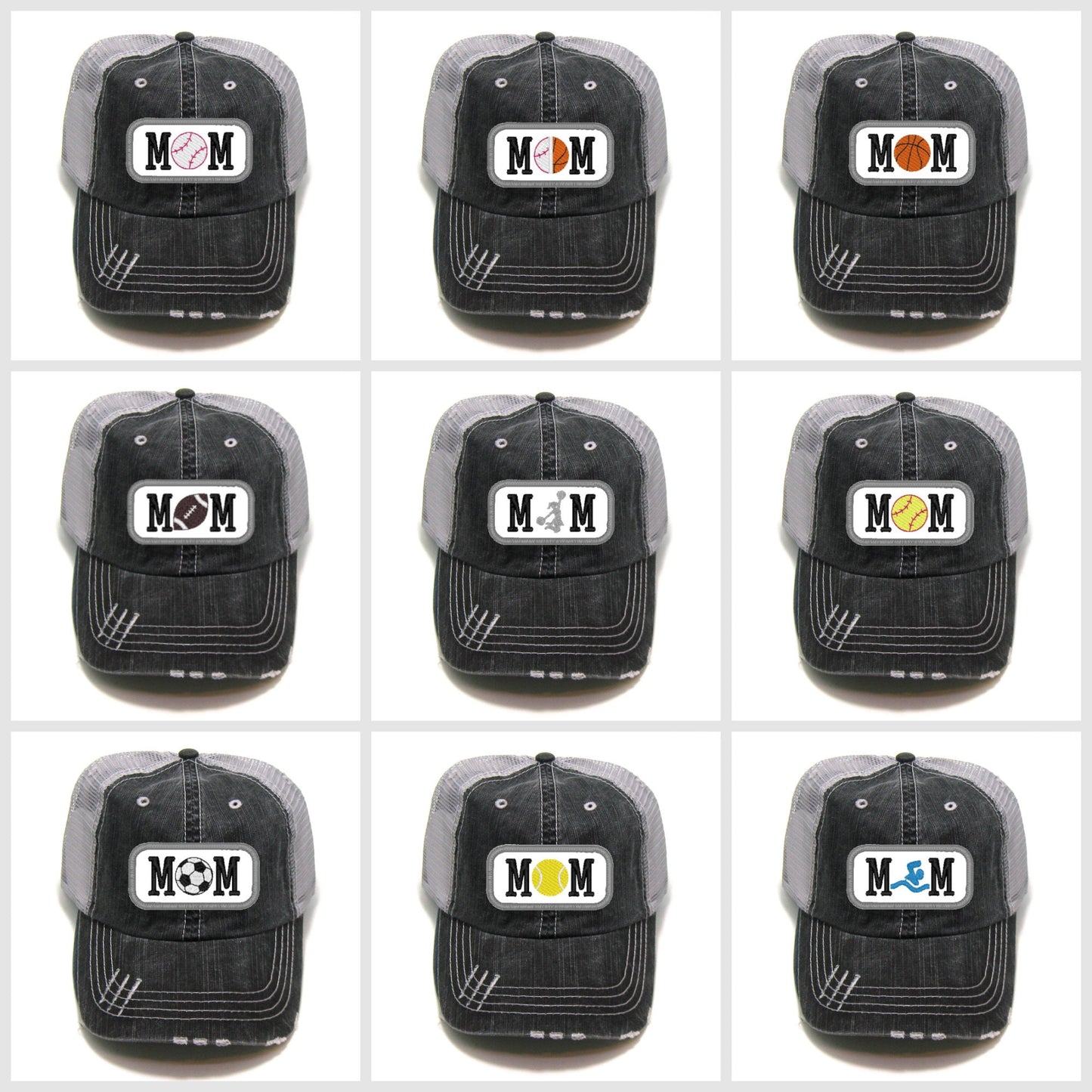 collage of sports/activity mom hats