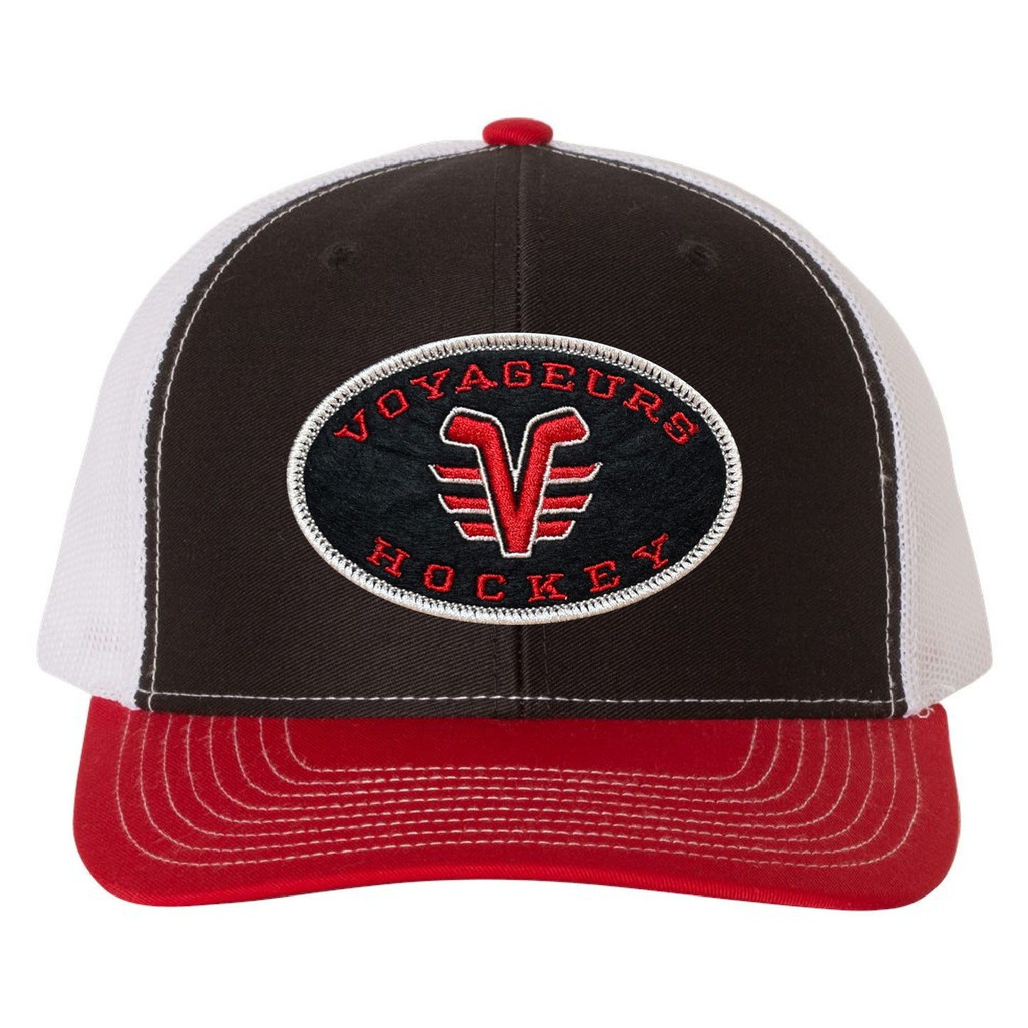 De Pere Voyageurs Hockey Snapback Trucker Hat - Red, Black & White Oval Patch MId-Profile (Copy)