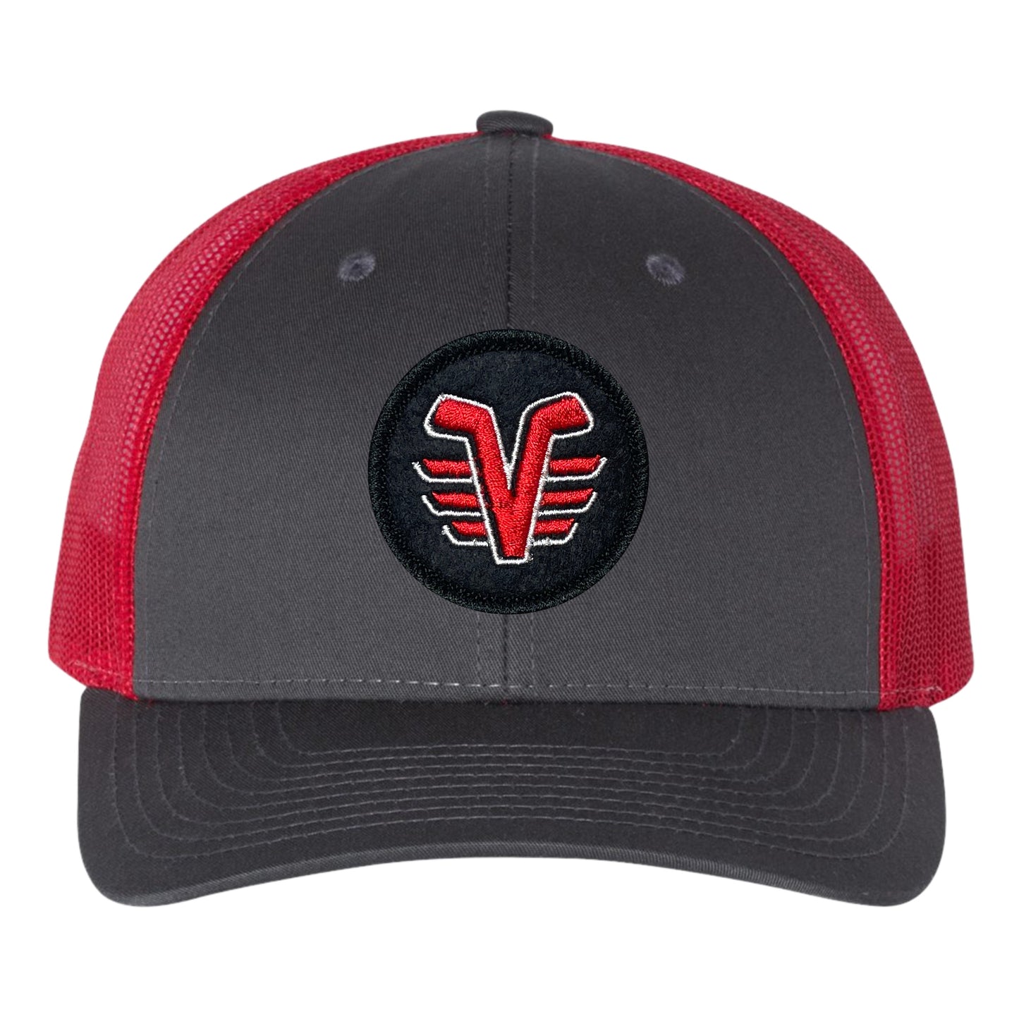 De Pere Voyageurs Hockey Snapback Trucker Hat - Charcoal Gray & Red Round Patch Mid-Profile