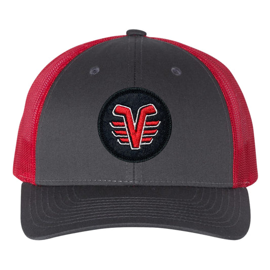 De Pere Voyageurs Hockey Snapback Trucker Hat - Charcoal Gray & Red Round Patch Mid-Profile
