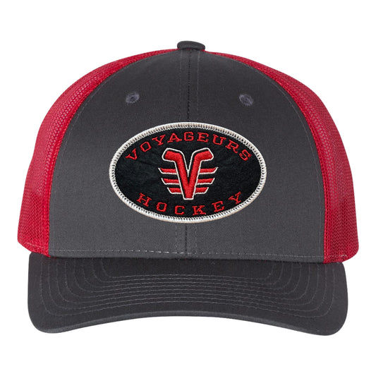 De Pere Voyageurs Hockey Snapback Trucker Hat - Charcoal Gray & Red Oval Patch Mid-Profile