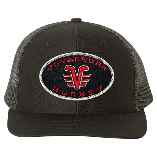 De Pere Voyageurs Hockey Snapback Trucker Hat - All Black Oval Patch Low-Profile