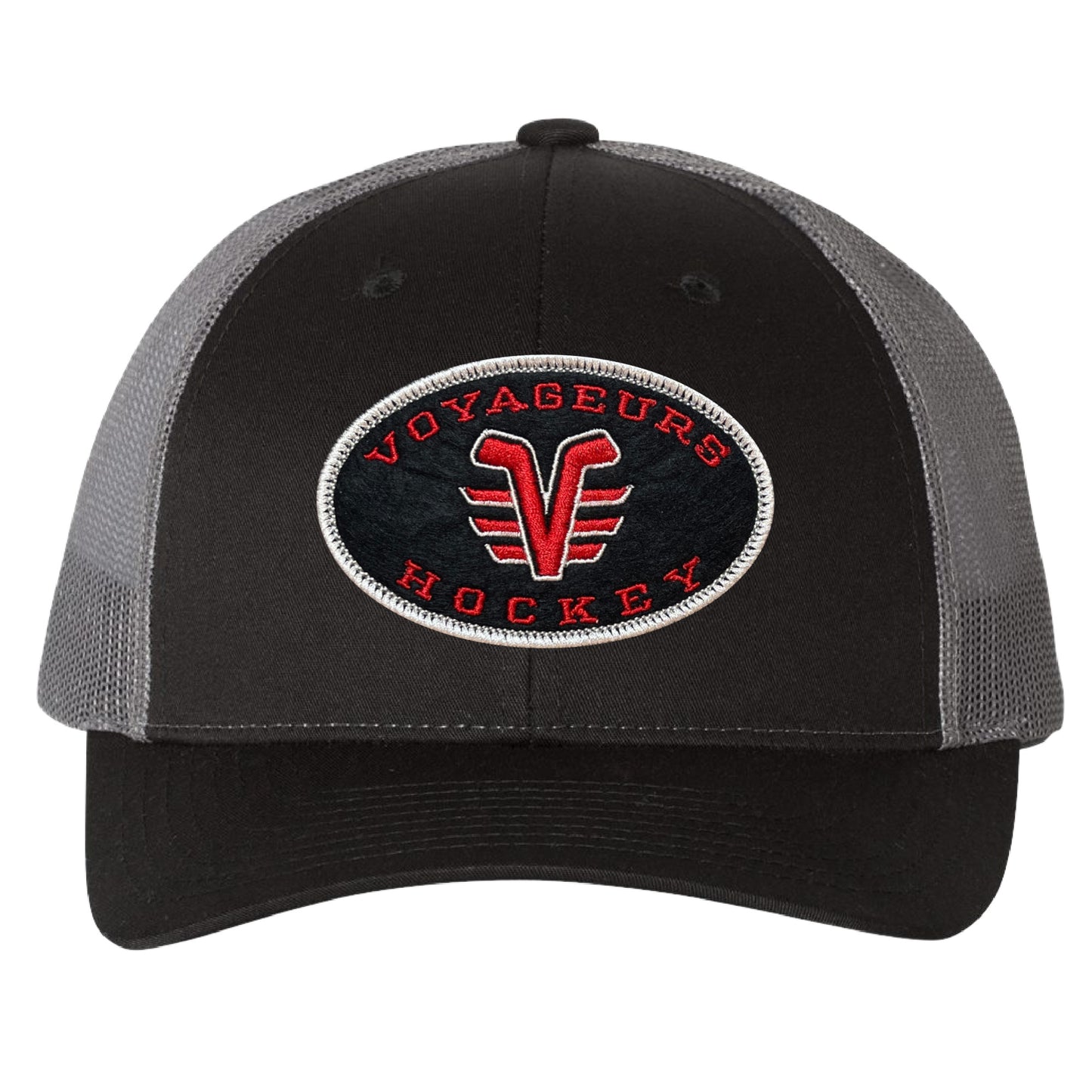De Pere Voyageurs Hockey Snapback Trucker Hat - Black & Charcoal Oval Patch Low-Profile