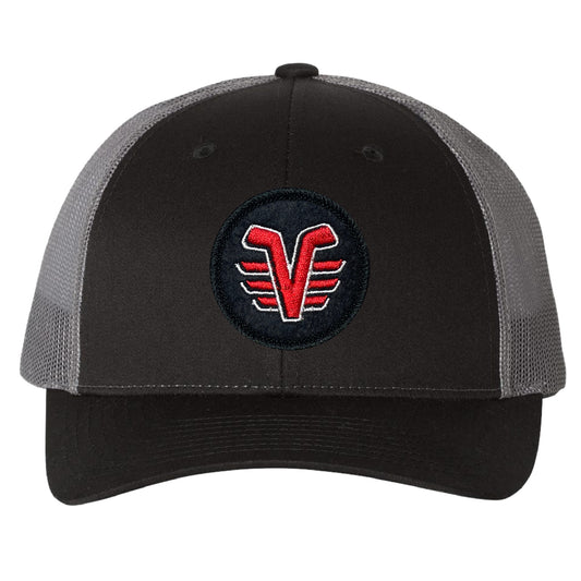 De Pere Voyageurs Hockey Snapback Trucker Hat - Black & Charcoal Round Patch Low-Profile