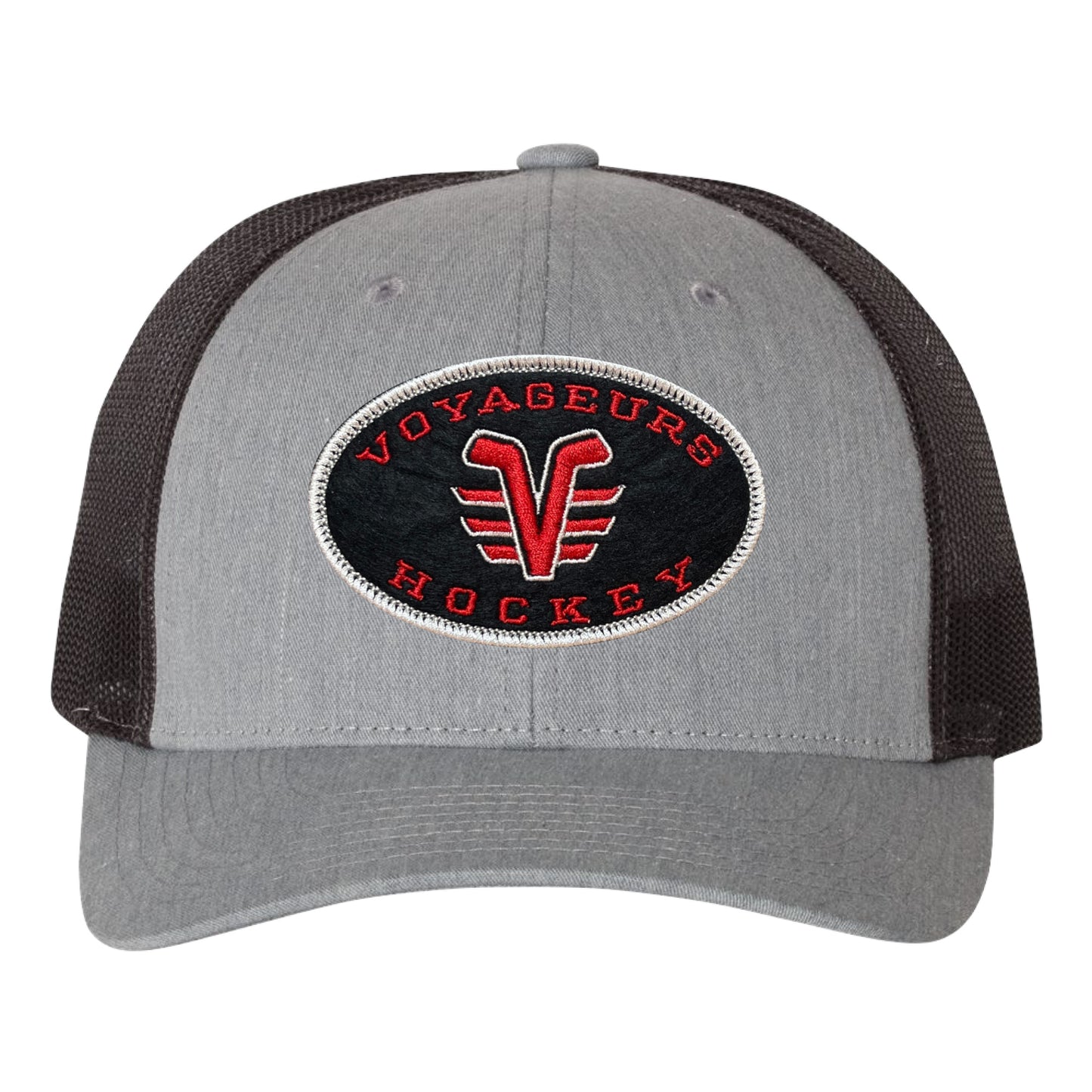De Pere Voyageurs Hockey Snapback Trucker Hat - Heather Gray Oval Patch Low-Profile