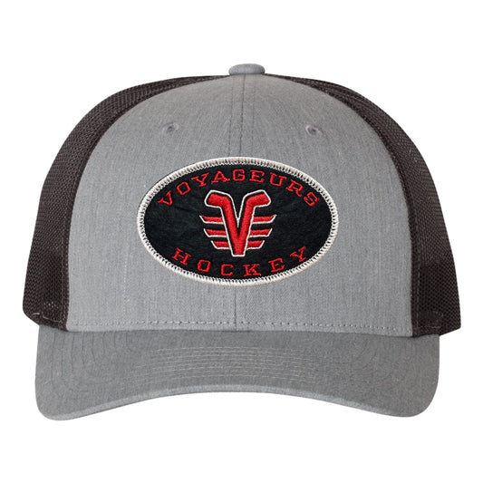 De Pere Voyageurs Hockey Snapback Trucker Hat - Heather Gray Oval Patch Low-Profile