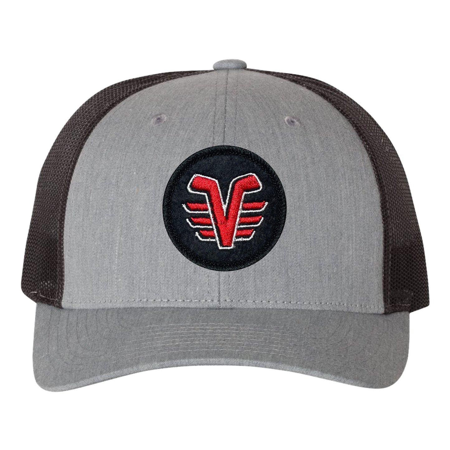 De Pere Voyageurs Hockey Snapback Trucker Hat - Heather Gray Round Patch Low-Profile