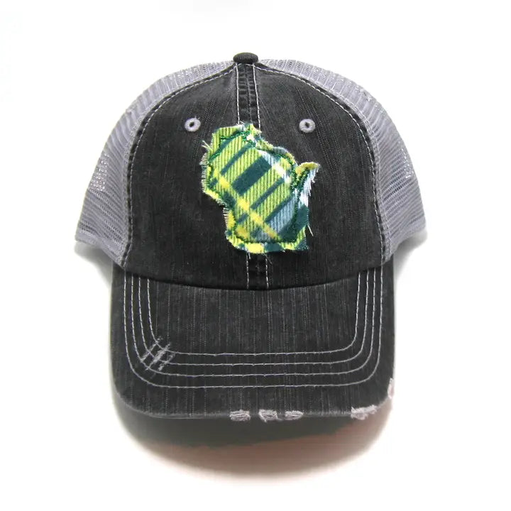 Gray Distressed Trucker Hat - Green & Yellow Plaid - All US States