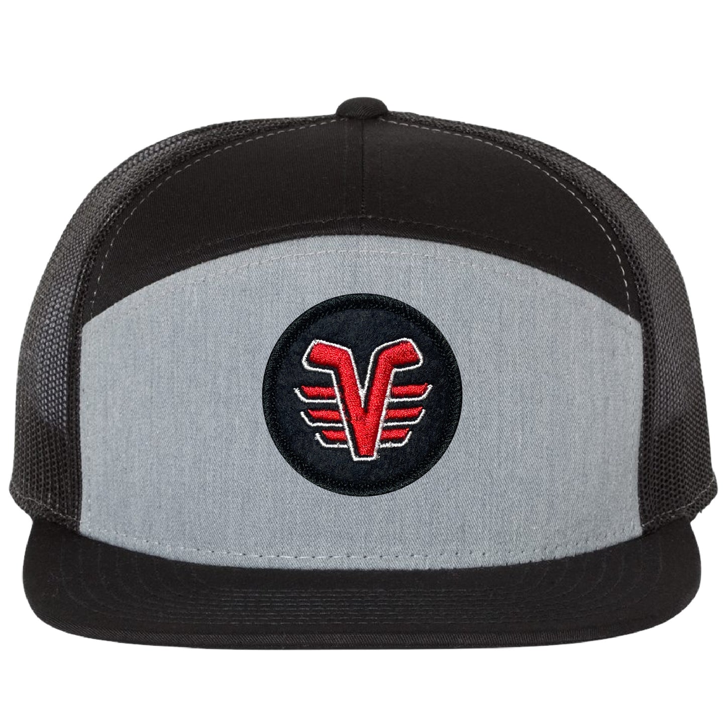 De Pere Voyageurs Hockey Snapback Trucker Hat - Gray and Black Round Patch 7 panel