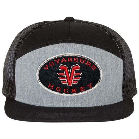 De Pere Voyageurs Hockey Snapback Trucker Hat - Gray and Black Oval Patch 7 panel