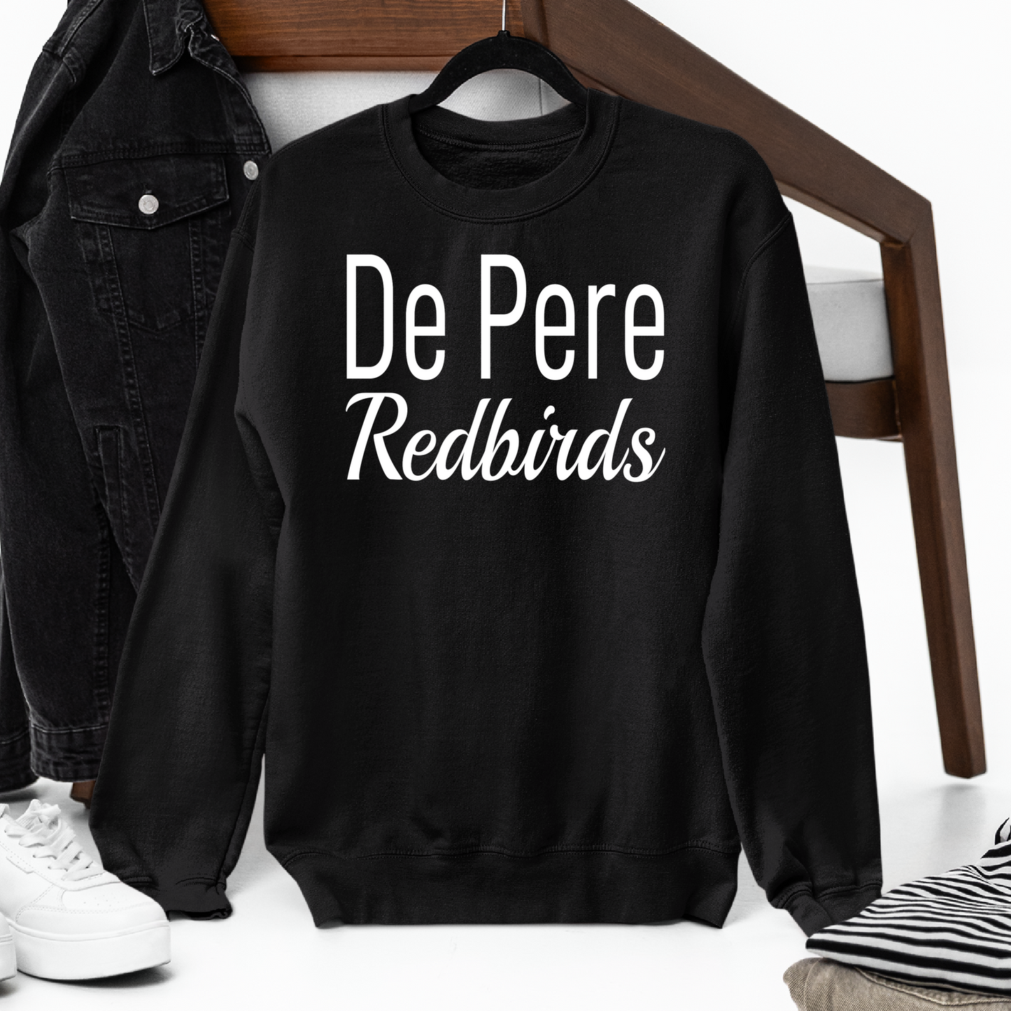 De Pere Redbirds Minimalist Design - Black Tee, Crewneck, or Hoodie