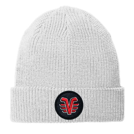 De Pere Voyageurs High School Hockey Winter Cuffed Hat | Heather Silver Chunky Knit Beanie Round Patch