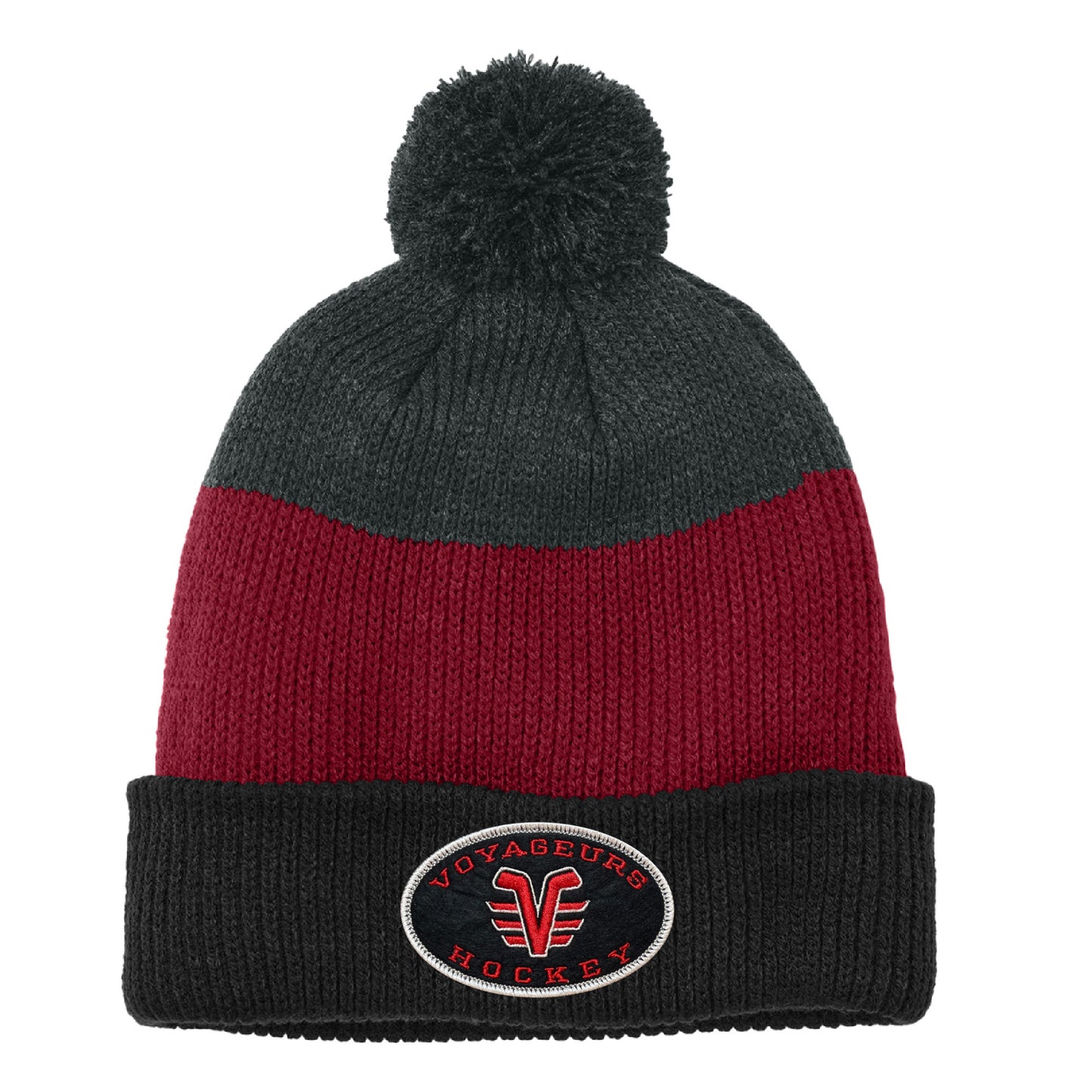 De Pere Voyageurs High School Hockey Winter Pom Hat | Color Block Knit Beanie Oval Patch