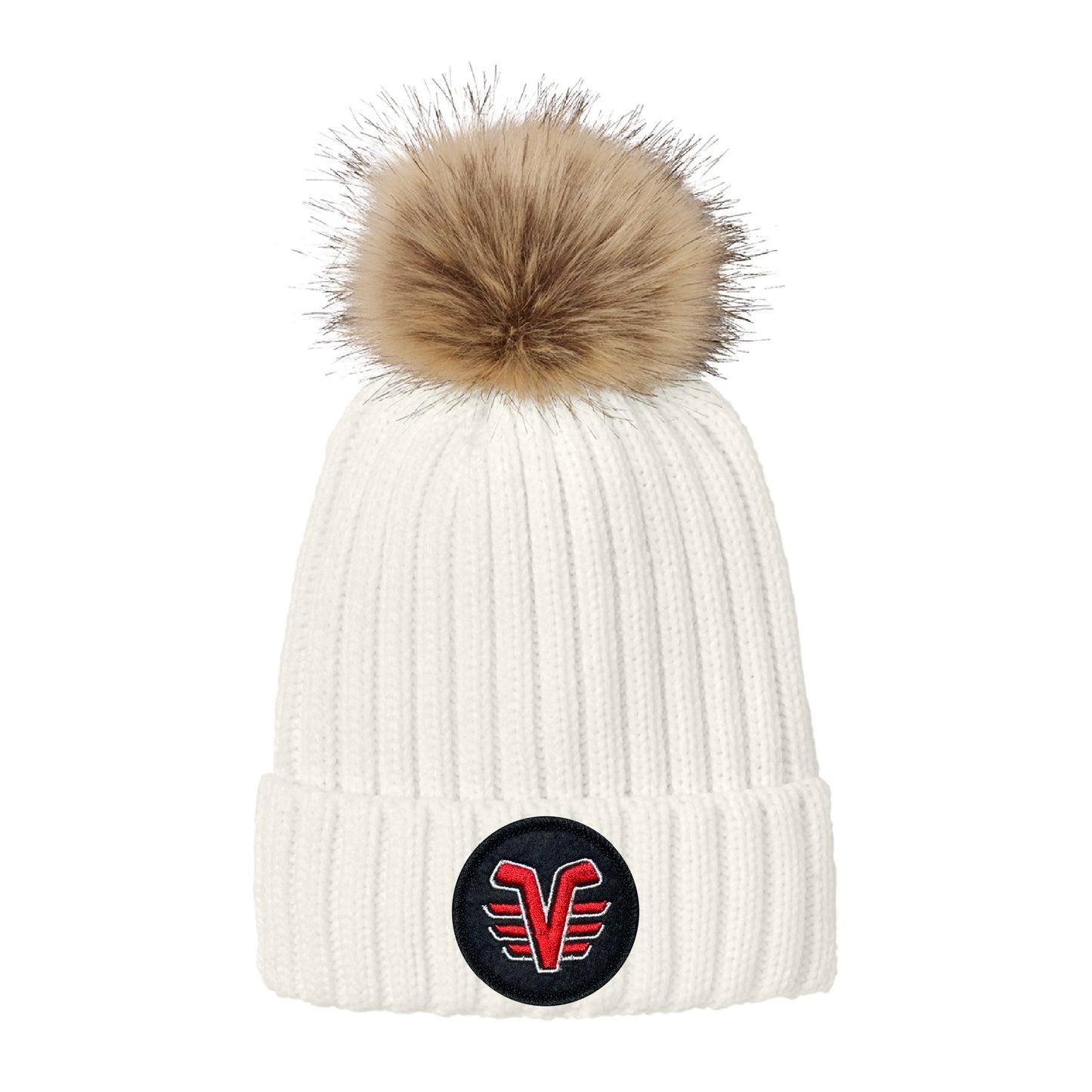 Marshmallow De Pere Voyageur Hockey Ribbed Knit Faux Fur Pom Beanie - Winter Hat Round Patch