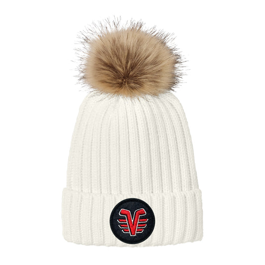 Marshmallow De Pere Voyageur Hockey Ribbed Knit Faux Fur Pom Beanie - Winter Hat Round Patch