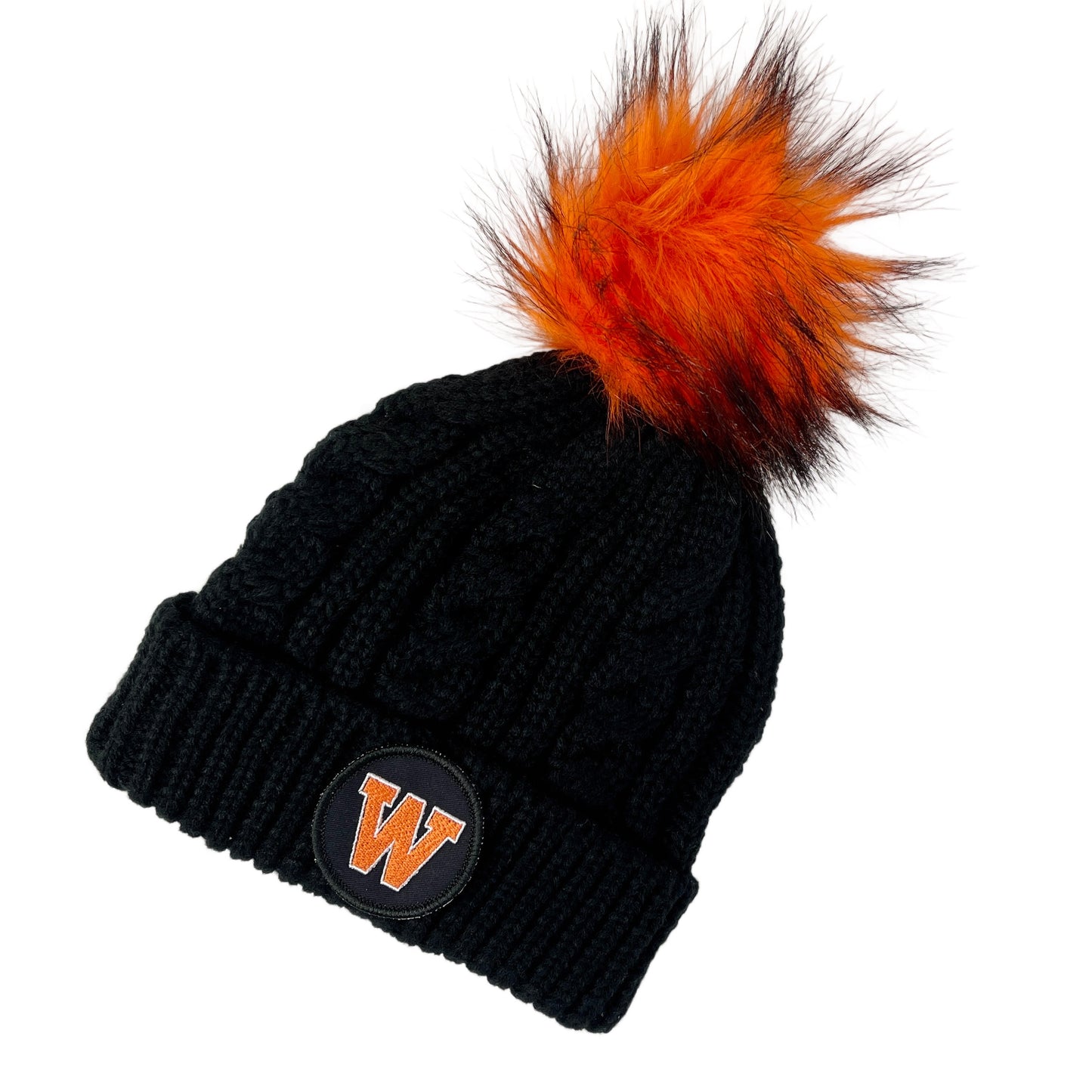 Black West De Pere Patched WDP Cable Knit Orange Fur Pom Beanie | Winter Hat