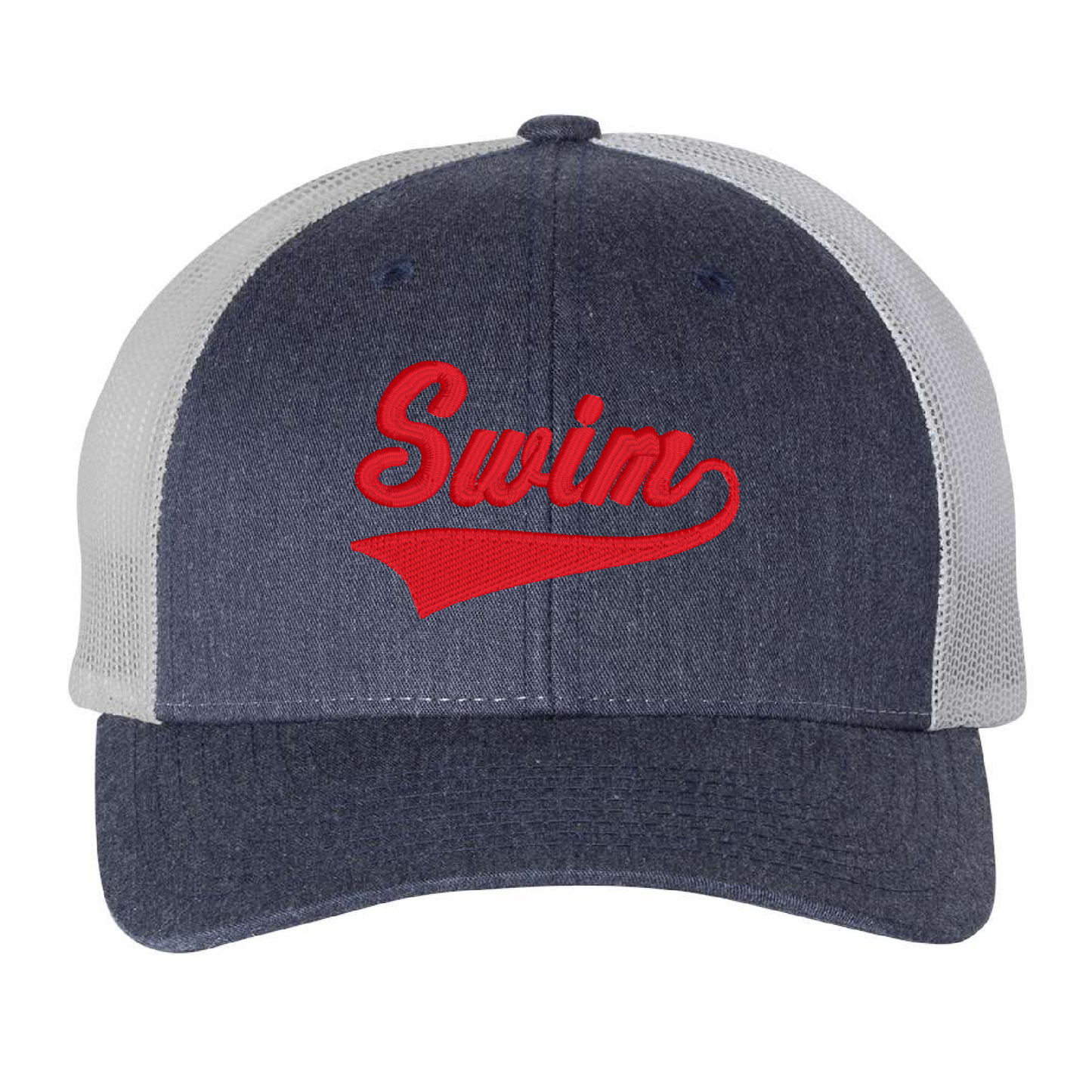 Trucker Hat - Heather Navy - Embroidered Swim Athletic Red