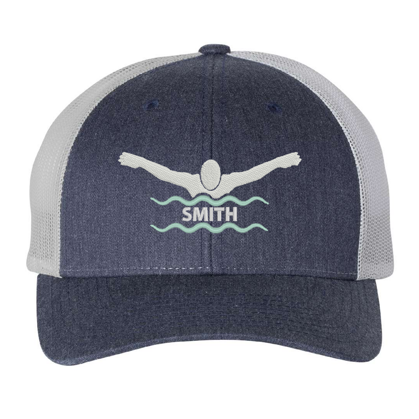Trucker Hat - Heather Navy - Embroidered Swimmer Personalized